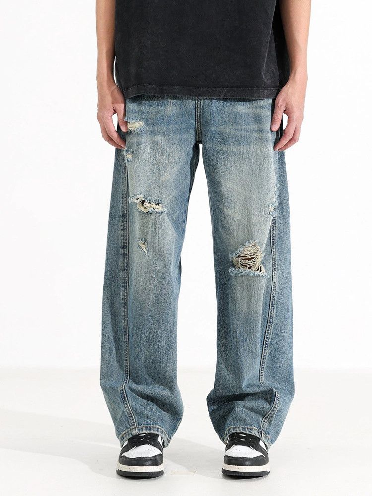 American vintage men's loose wide-leg washed ripped jeans