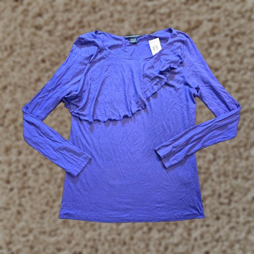 Ralph Lauren Lauren Ralph Lauren Top Womens XL Purple Ruffle Pima Cotton Long Sleeve Casual Size XL / US 12-14 / IT 48-50 - 1 Thumbnail