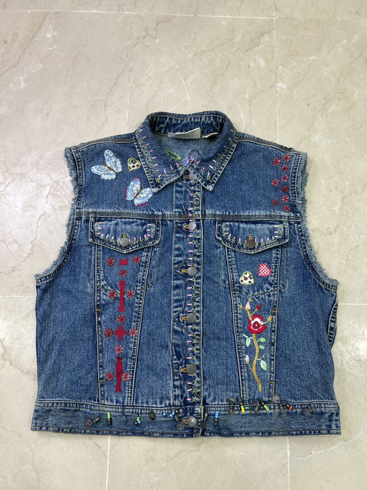 DKNY Vintage 1990s DKNY Jeans Embroidered Denim Vest Beaded Boho Size M / US 6-8 / IT 42-44 - 1 Thumbnail