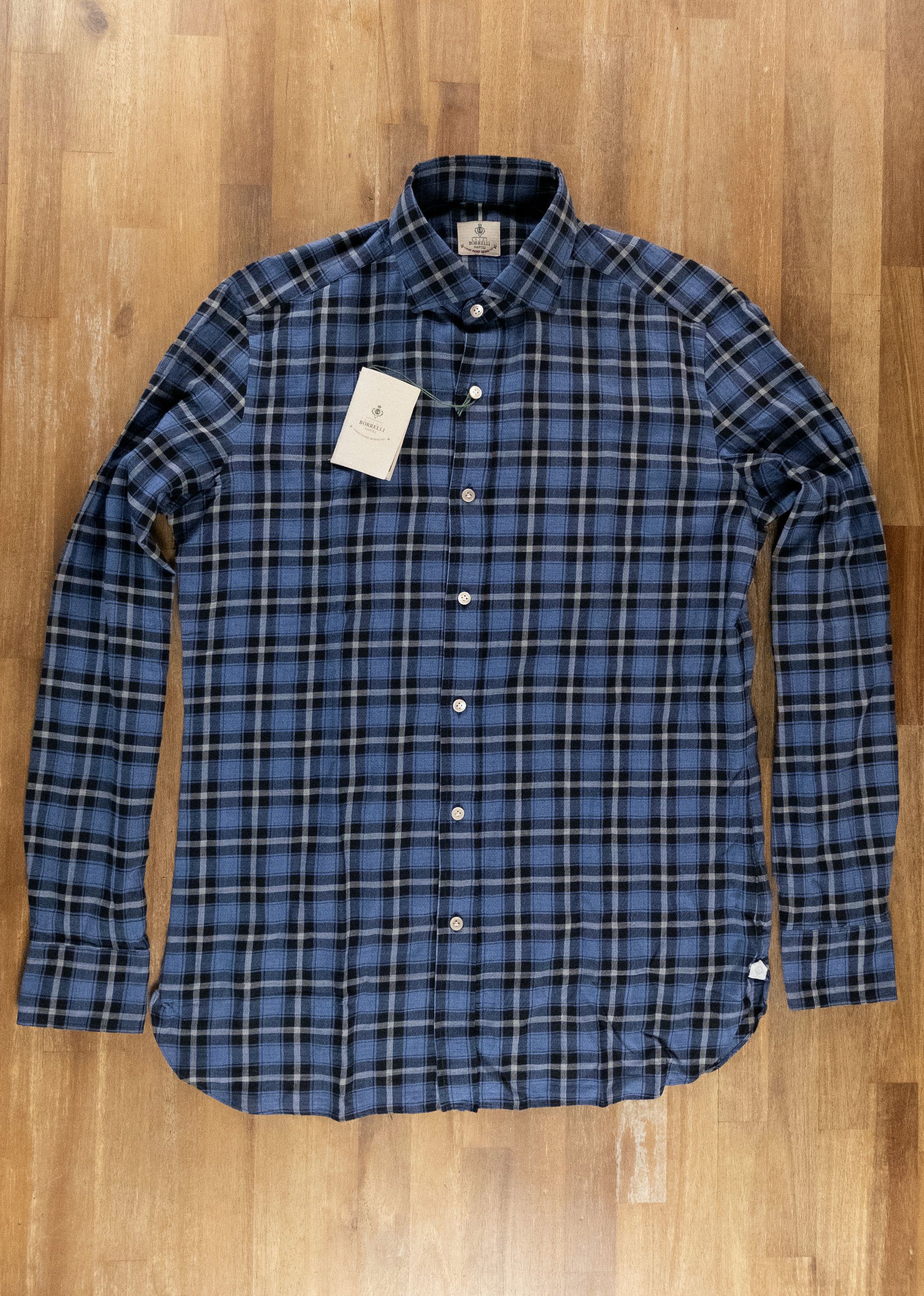 BORRELLI Napoli blue cotton plaid dress shirt Size 40 15.75