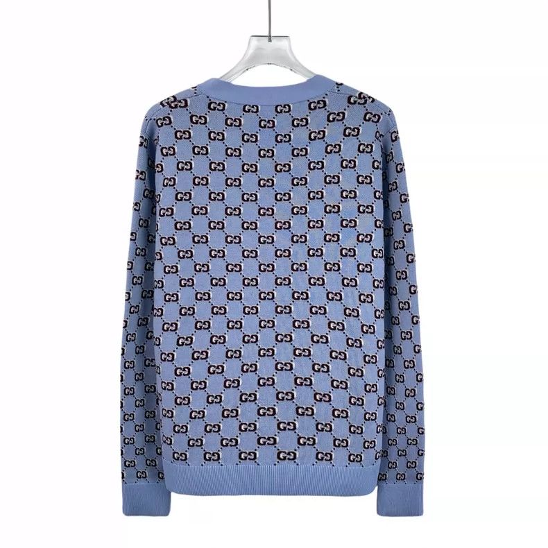 Gucci Gucci Light blue logo jacquart full printed wool V-neck sin Size US S / EU 44-46 / 1 - 2 Thumbnail