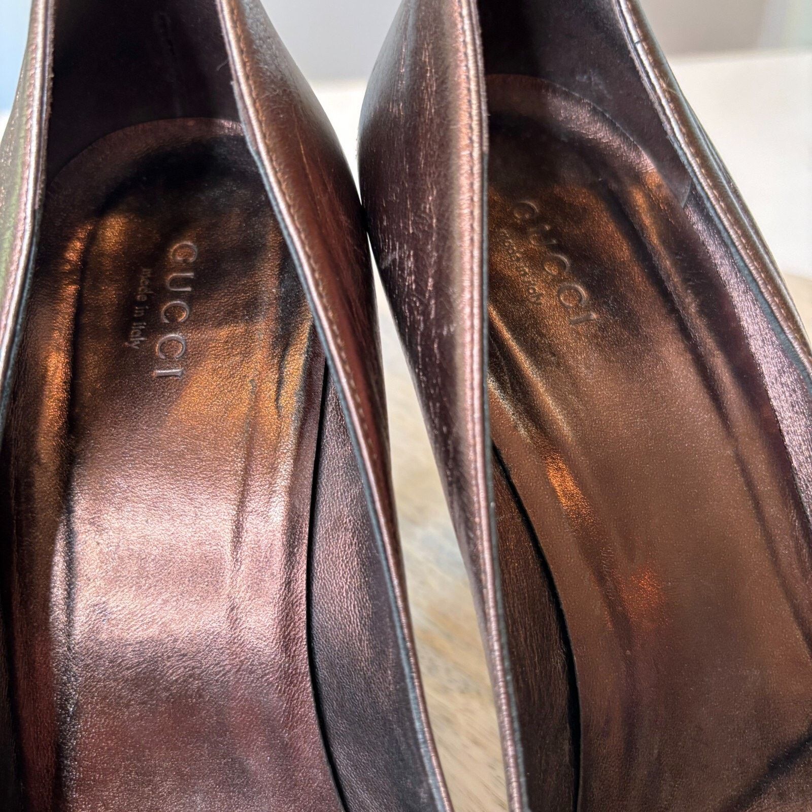 Gucci Gucci Metallic Bronze Leather Platform Heels US Size 8.5 B Size US 8.5 / IT 38.5 - 10 Thumbnail