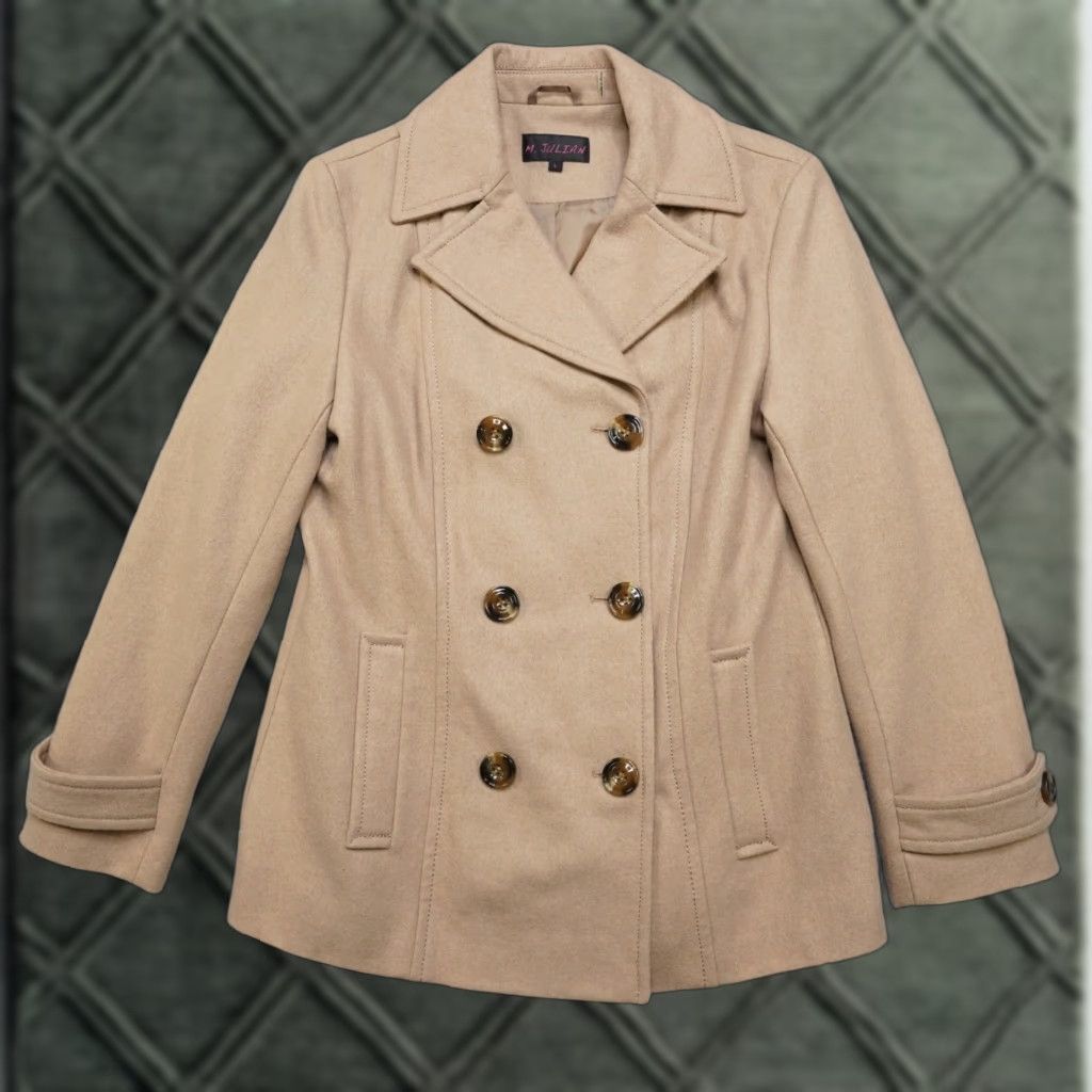 Vintage Wool Pea Coat Womens L Tan M. Julian Button Excellent Size L / US 10 / IT 46 - 1 Thumbnail