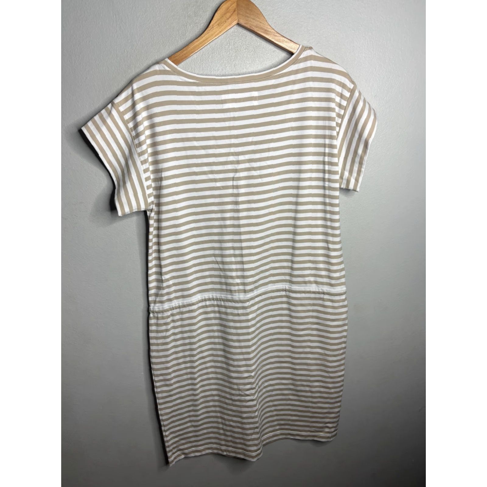 Vintage Lafayette 148 Dress Womens Medium Beige White Stripe Drawstring Pocket Tshirt Dress Size M / US 6-8 / IT 42-44 - 4 Thumbnail