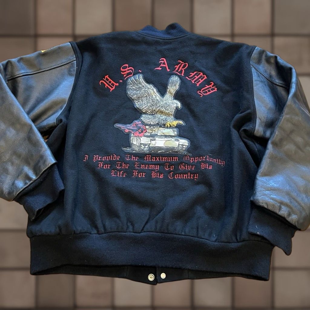 Vintage VINTAGE Men's Army Varsity Jacket Wool Leather Bomber Coat Sz Large Black Casual Winter Sportswear Size US L / EU 52-54 / 3 - 1 Thumbnail