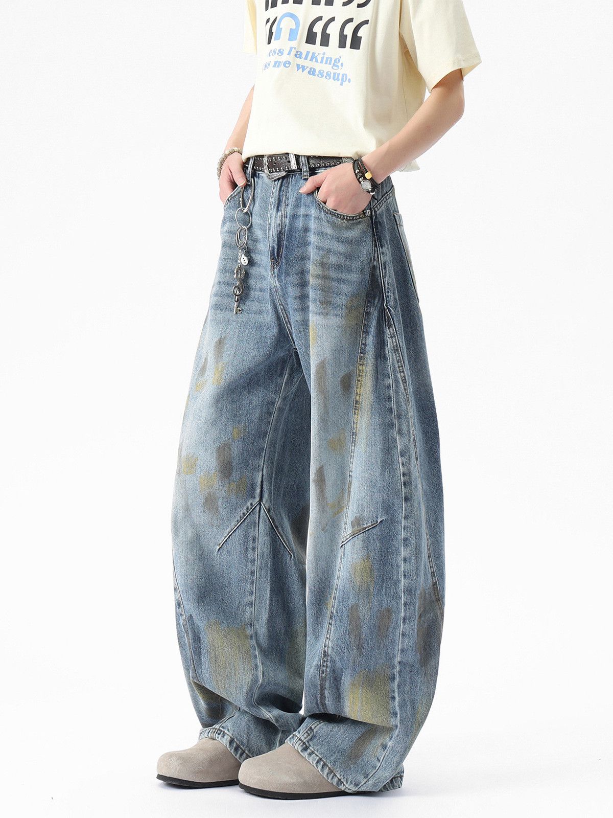 Japanese Brand Distressed men's vintage wide-leg dirty-dyed scimitar jeans Size US 32 / EU 48 - 3 Thumbnail