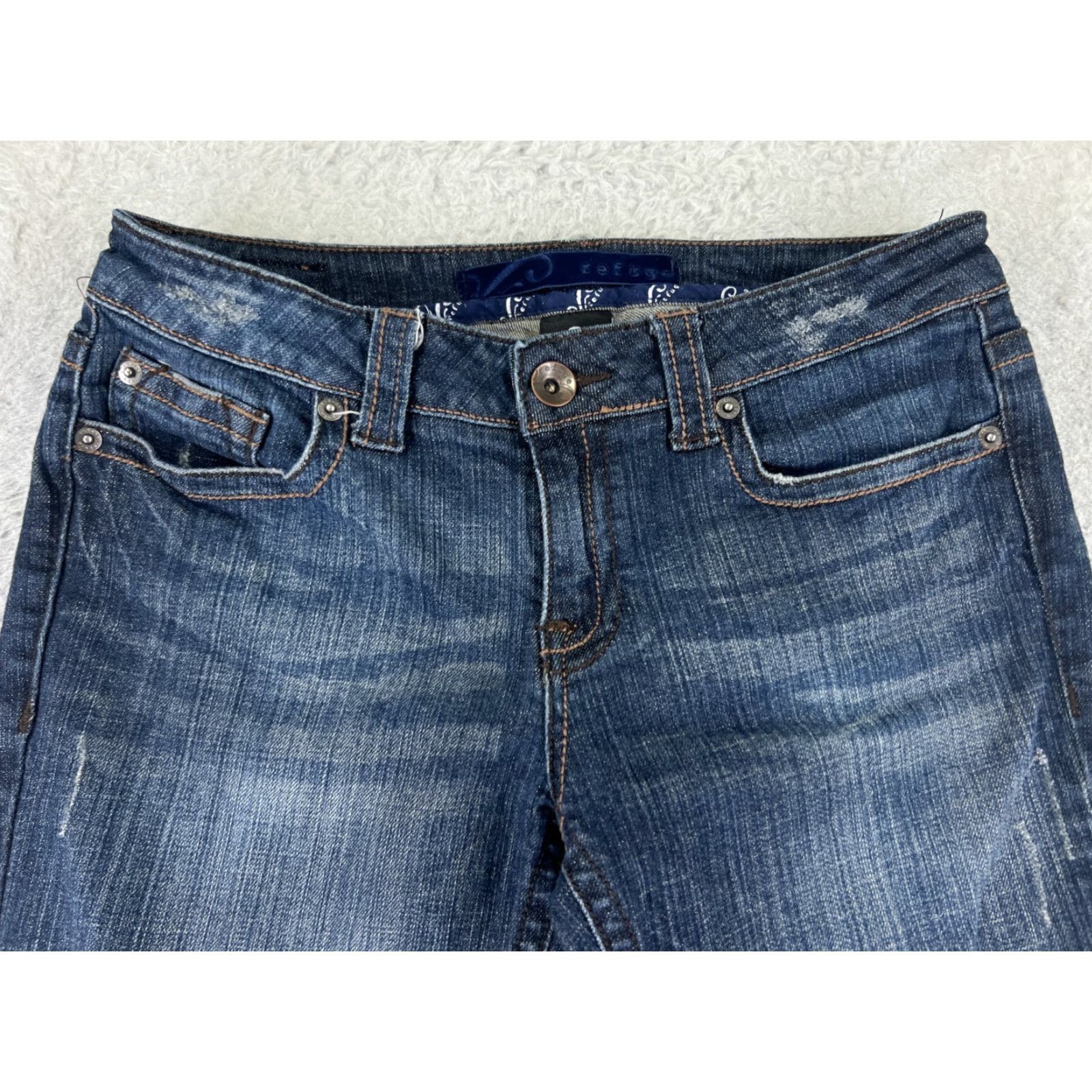 Denime Refuge Jeans Women 7 L Blue Denim Flared Low Rise Distressed Cotton 27x32 Size 28" / US 6 / IT 42 - 4 Thumbnail