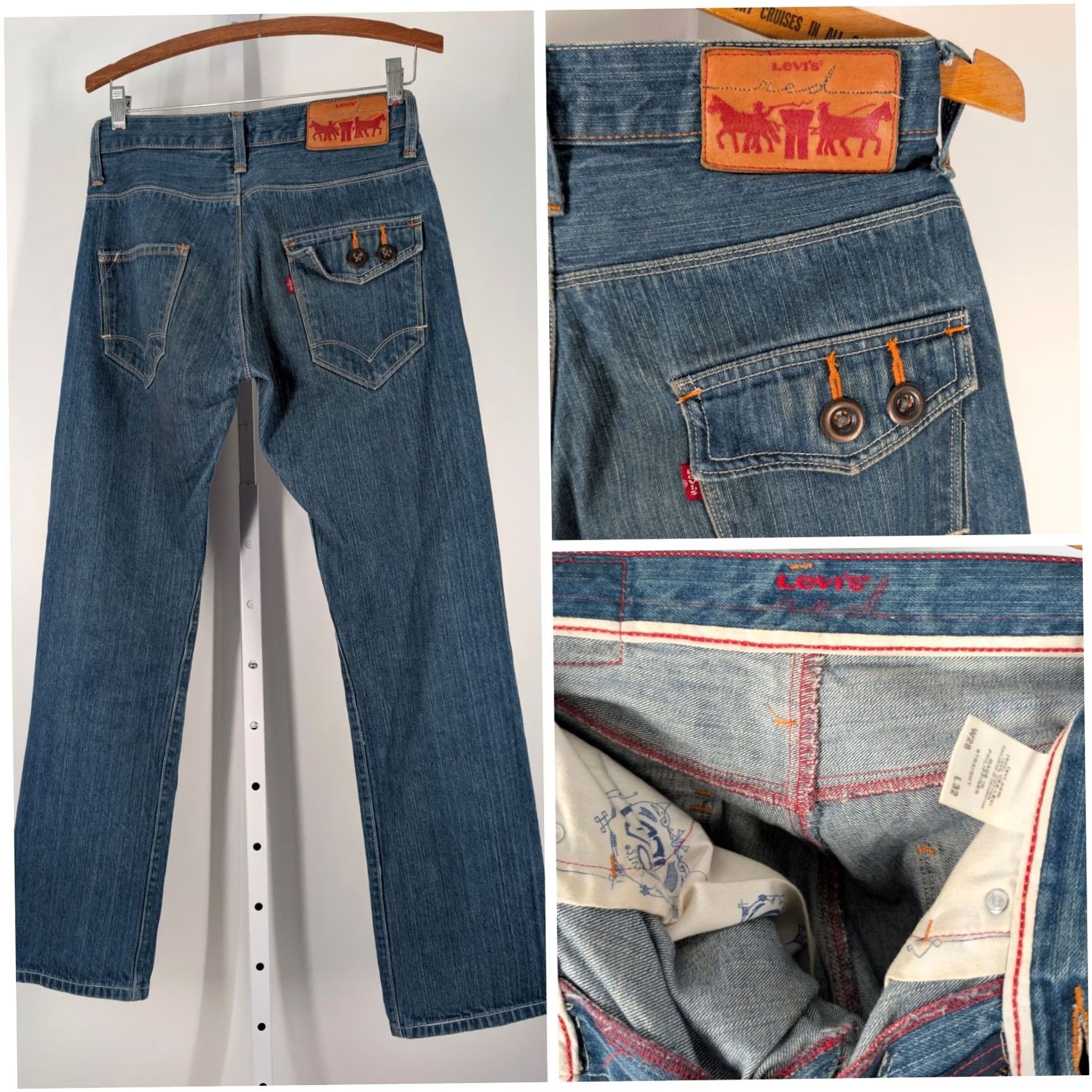 Levi's VINTAGE Levi's RED JEANS Indigo Wash Deconstructed Embroidered Denim 90s Y2K Streetwear Unisex Adult 29x30 Blue Mens Womens Girls Boys Size US 29 - 2 Thumbnail