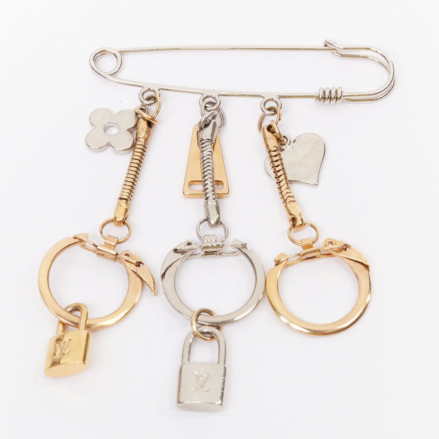 Louis Vuitton LOUIS VUITTON palladium gold plated safety pin with triple keyring LV lock heart flower charms Size ONE SIZE - 1 Thumbnail