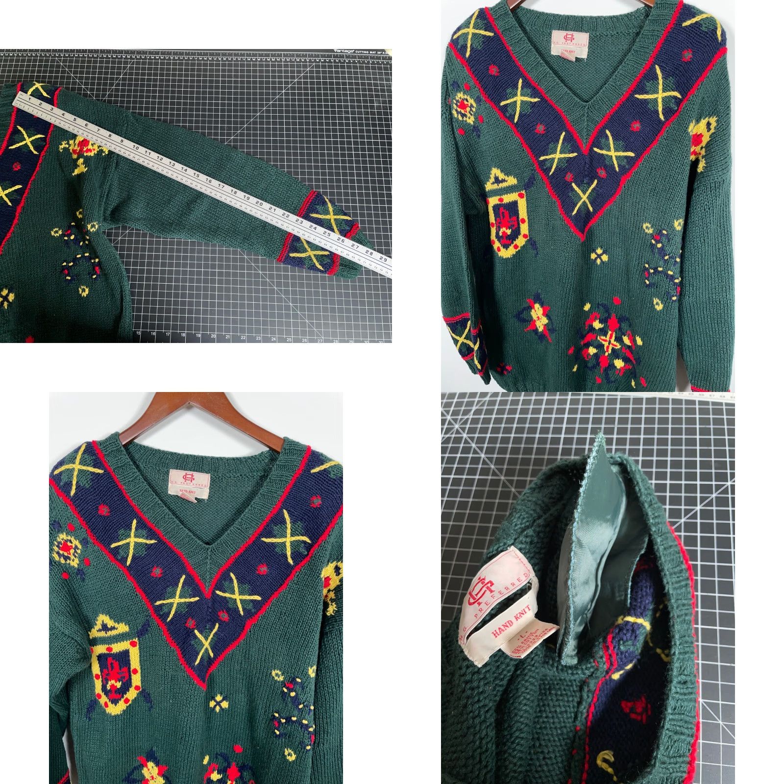 Vintage VINTAGE HG Preferred Hand Knit V-Neck Sweater Women Large Dark Green Geometric Tennis Style 90s Retro Pullover Heavyweight Cotton Blend Womens Size L / US 10 / IT 46 - 8 Thumbnail