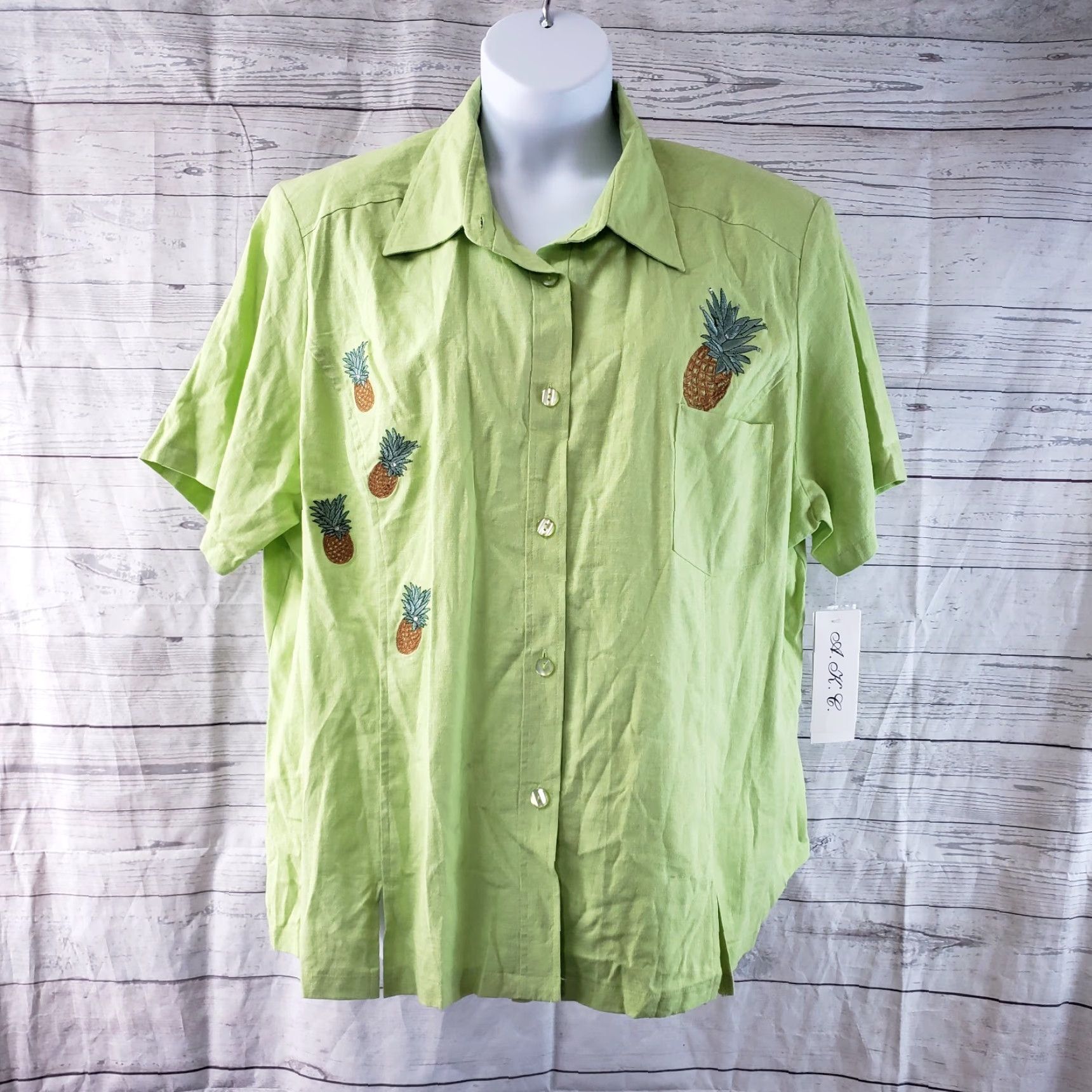Vintage A.K.C. Womens Top Button-Up Linen Embroidered Pineapples Green 3X Plus Size Casual Shirt Womens Size XXL / US 16-18 / IT 52-54 - 2 Thumbnail