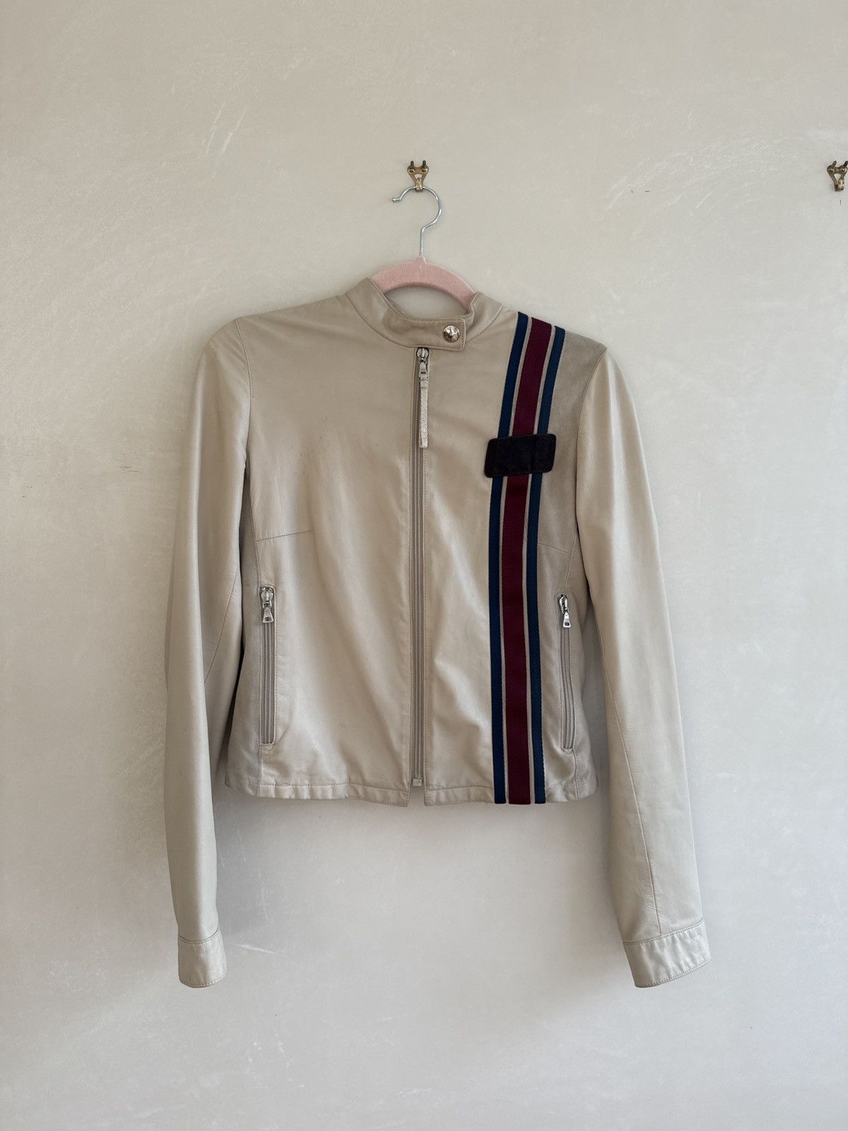 Prada PRADA Sport Linea Rossa Cream Leather Moto Jacket Size XS / US 0-2 / IT 36-38 - 1 Thumbnail