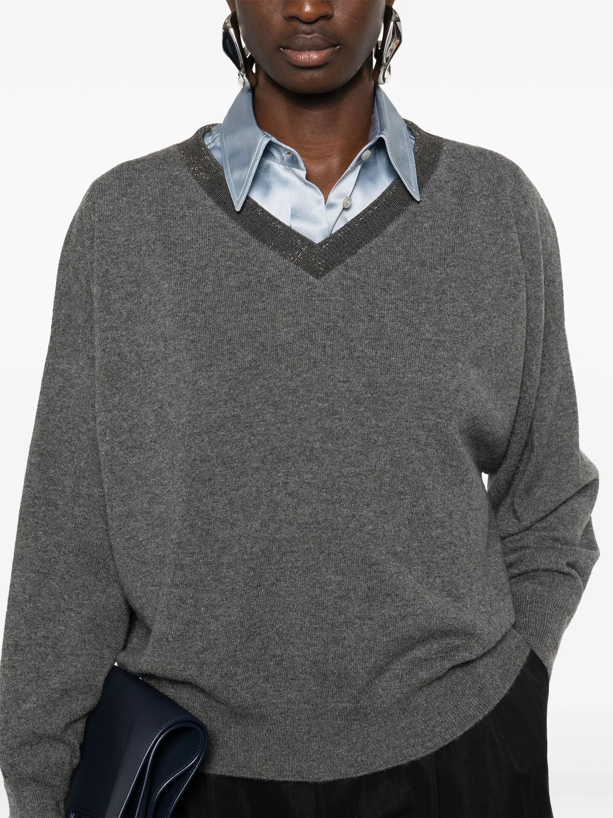 Brunello Cucinelli o1y0825 V-neck Sweater in Gray Size L / US 10 / IT 46 - 2 Thumbnail