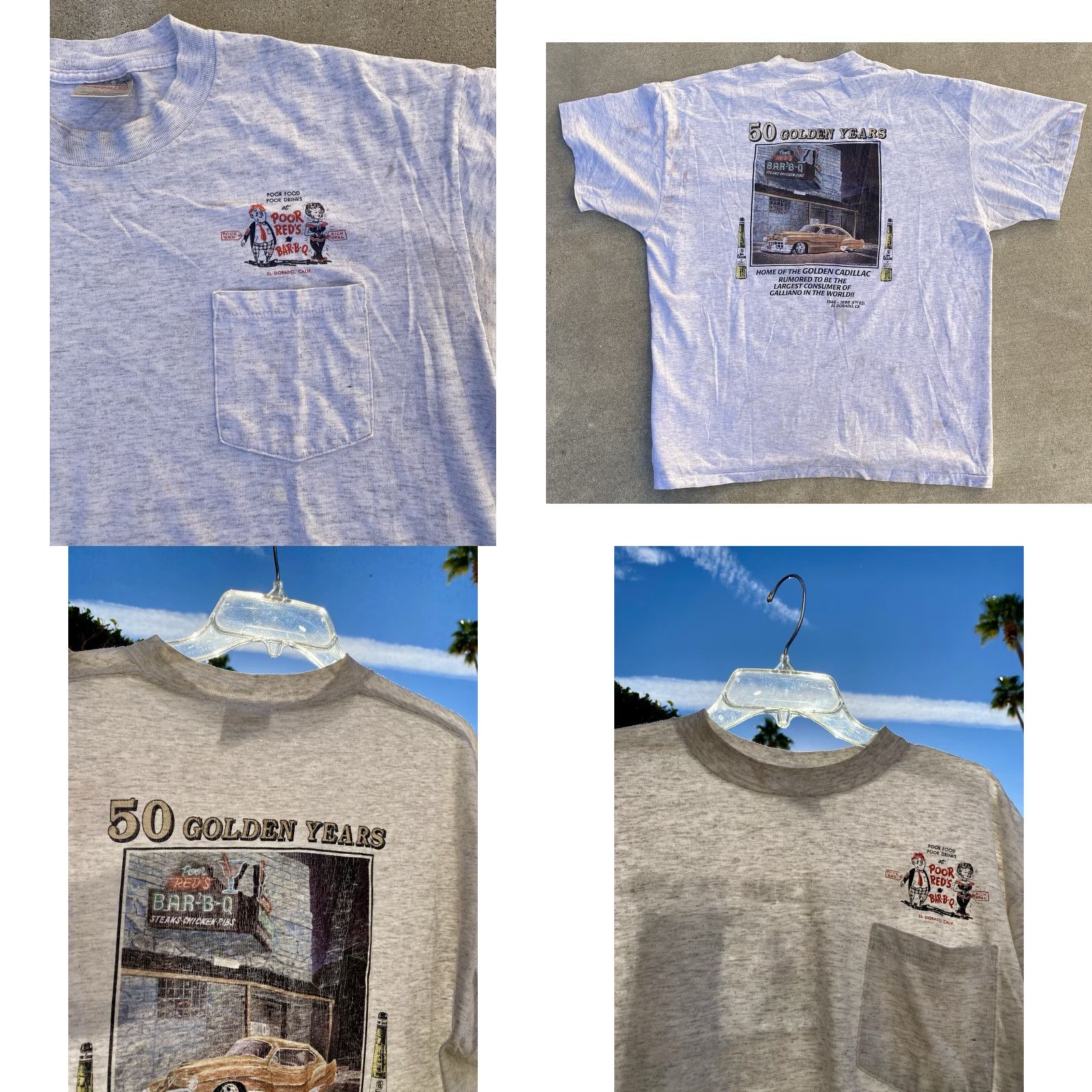 Vintage VINTAGE Oneita Poor Reds BarBQ 50 Golden Years Pocket Tee XL Red Mens T-Shirt California Cars 1990s Size US XL / EU 56 / 4 - 10 Thumbnail