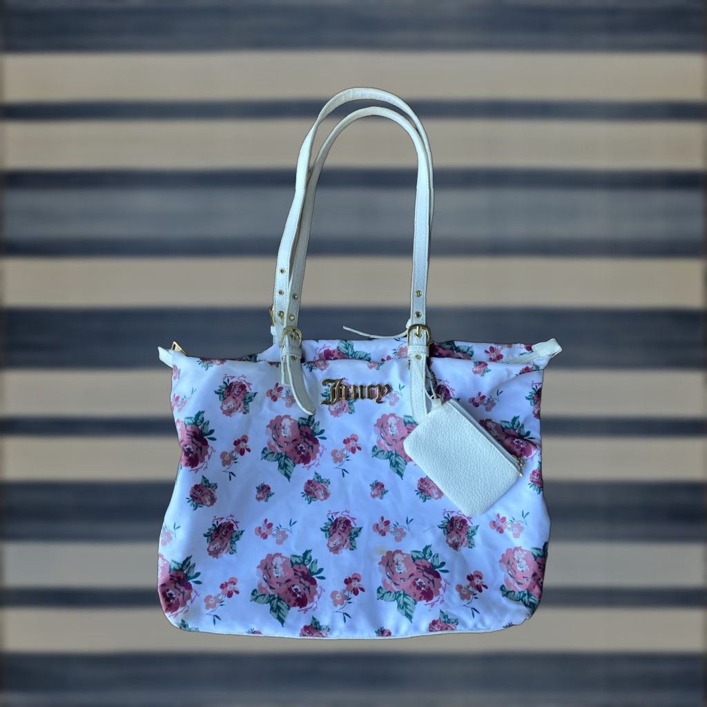 Juicy Couture VINTAGE Juicy Couture Roses Floral Tote Bag Shoulder Handbag Womens Medium Pink Floral Pattern Zip Lining Nylon Leather Handle Size ONE SIZE - 1 Thumbnail