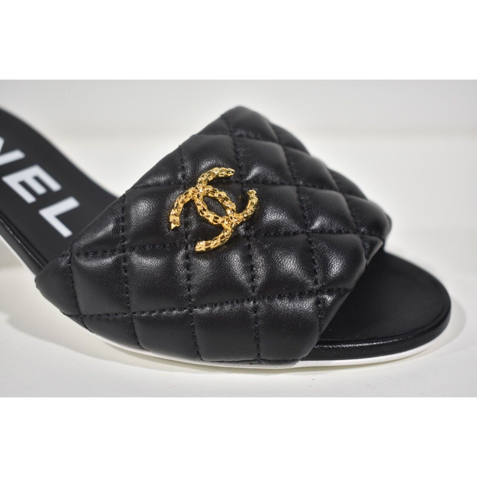 Chanel REV Quilted CC Gold Logo Cone Heel Mule Slide Sandal 39 Size US 9 / IT 39 - 4 Thumbnail