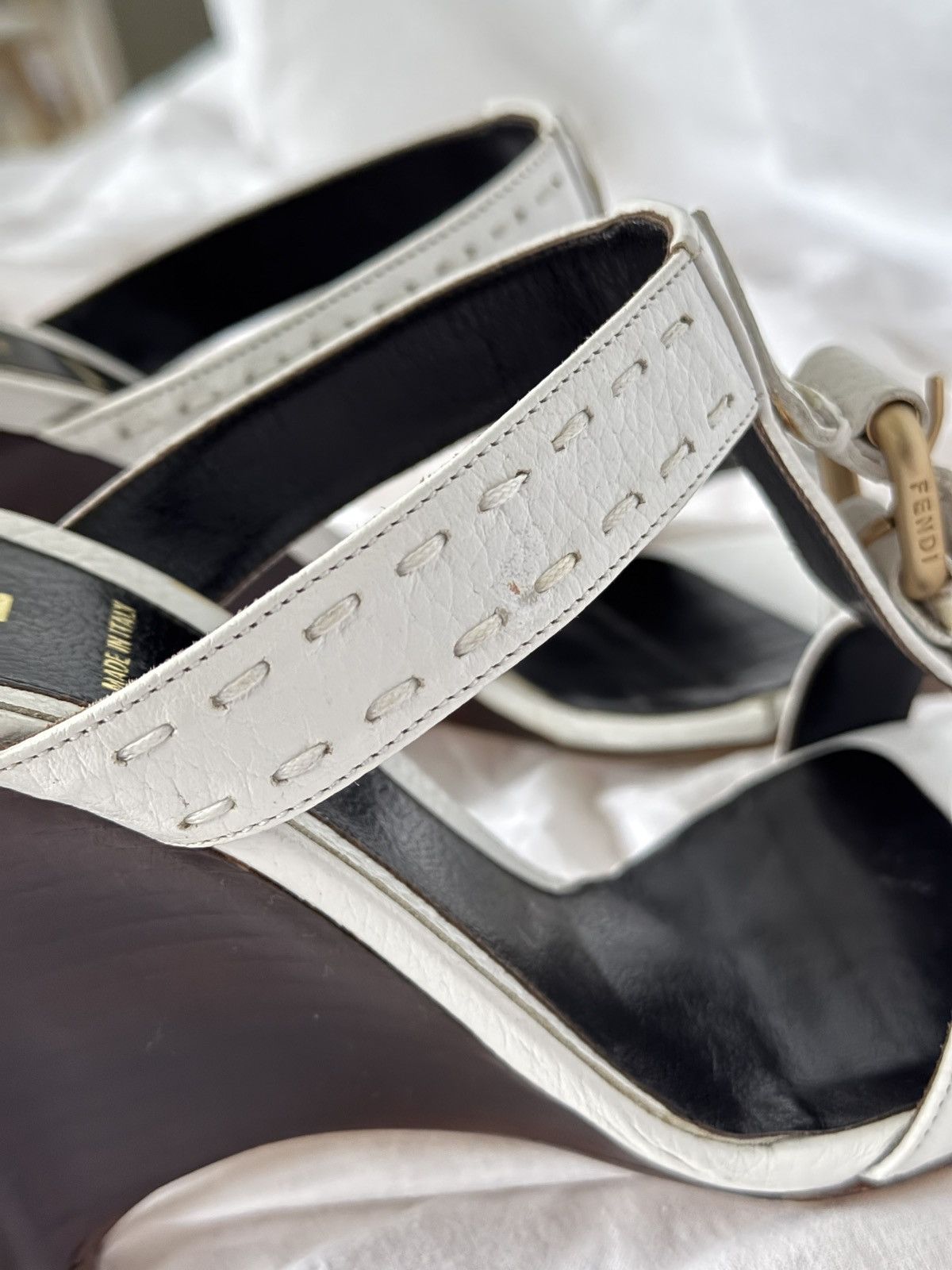 Fendi Fendi White Leather Strappy Mules Sandals on Wedges Buckle Size US 7.5 / IT 37.5 - 10 Thumbnail