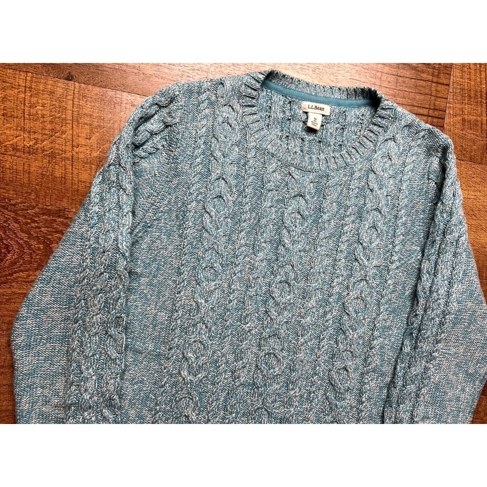 Vintage LL Bean Cable Knit Fisherman Sweater Womens Medium Crewneck Cotton Teal Gray Pullover Fisherman Classic Outdoor Preppy Size M / US 6-8 / IT 42-44 - 2 Thumbnail