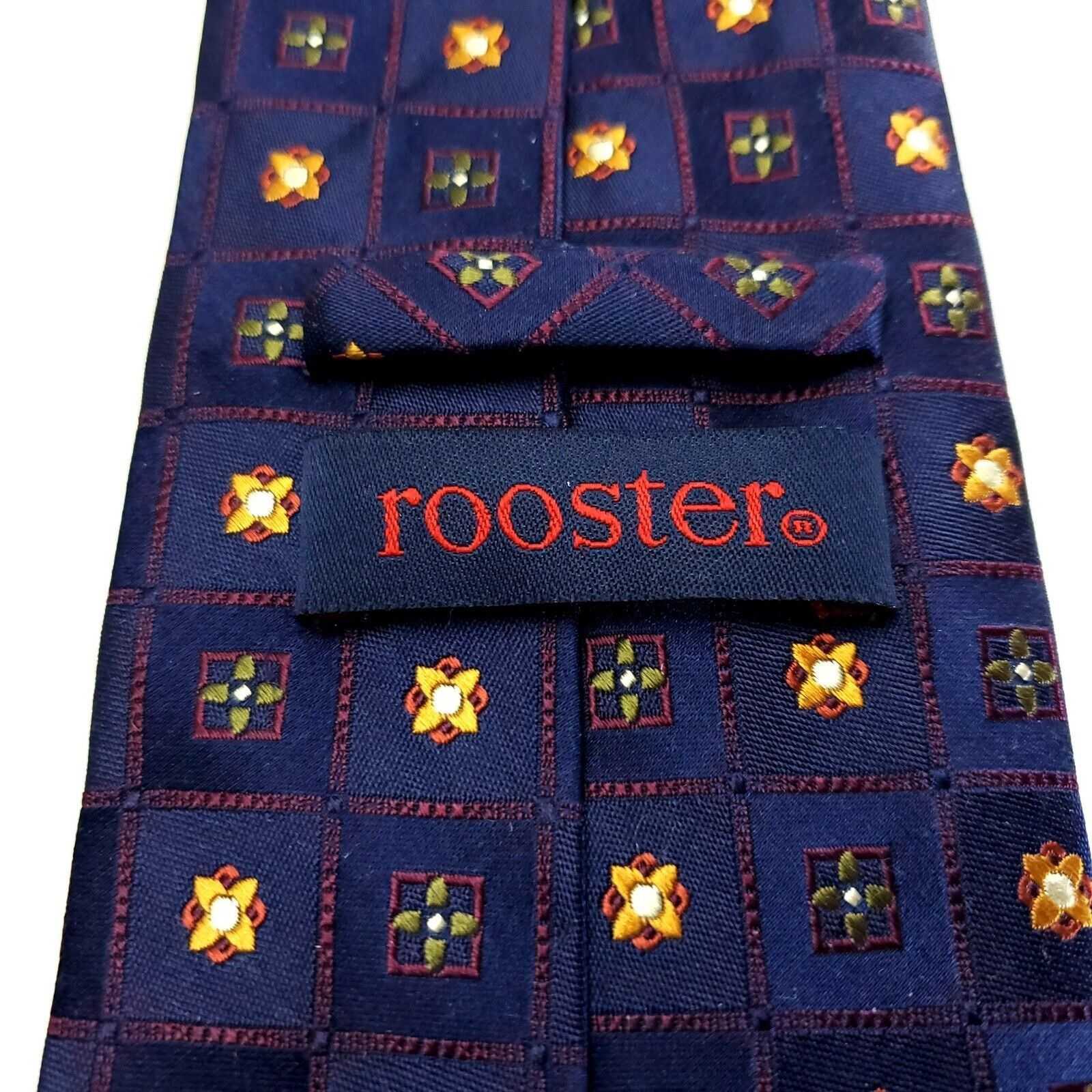 Designer Rooster Blue Geometric Floral Woven Silk Tie Size ONE SIZE - 3 Thumbnail