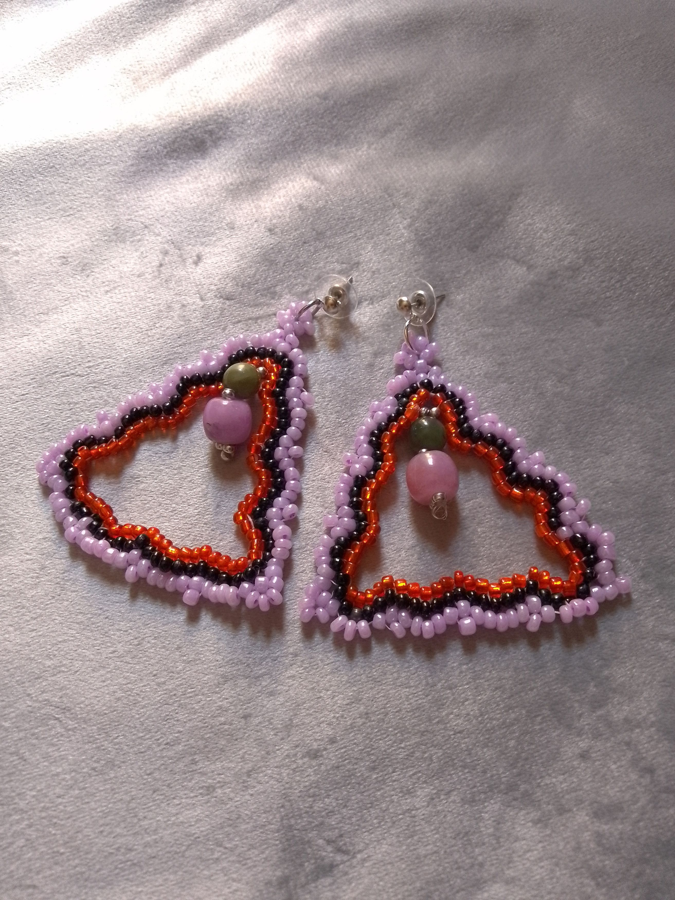 Handmade Dangle earrings triangular Green and purple hard gemstones Size ONE SIZE - 1 Thumbnail