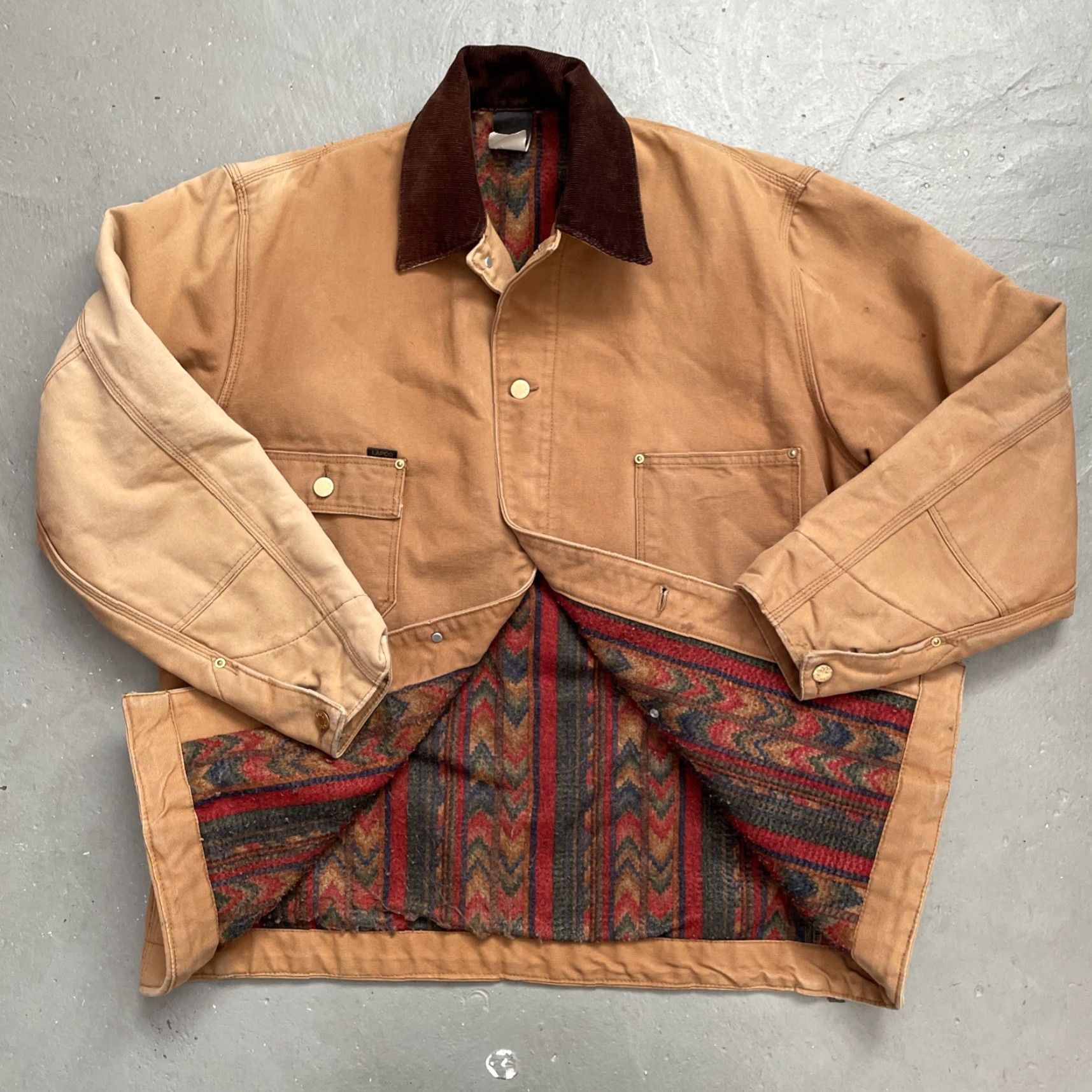 Vintage VINTAGE Lapco Canvas Southwestern Blanket Lined Chore Work Jacket 42R Brown USA 80s 90s? Unisex Adults Jacket Mens Womens Size US XS / EU 42 / 0 - 2 Thumbnail