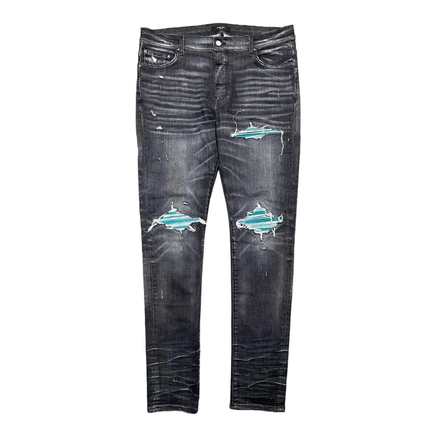 image of Amiri Mx1 Teal Suede Patch Jeans Storm Grey, Men's (Size 38)