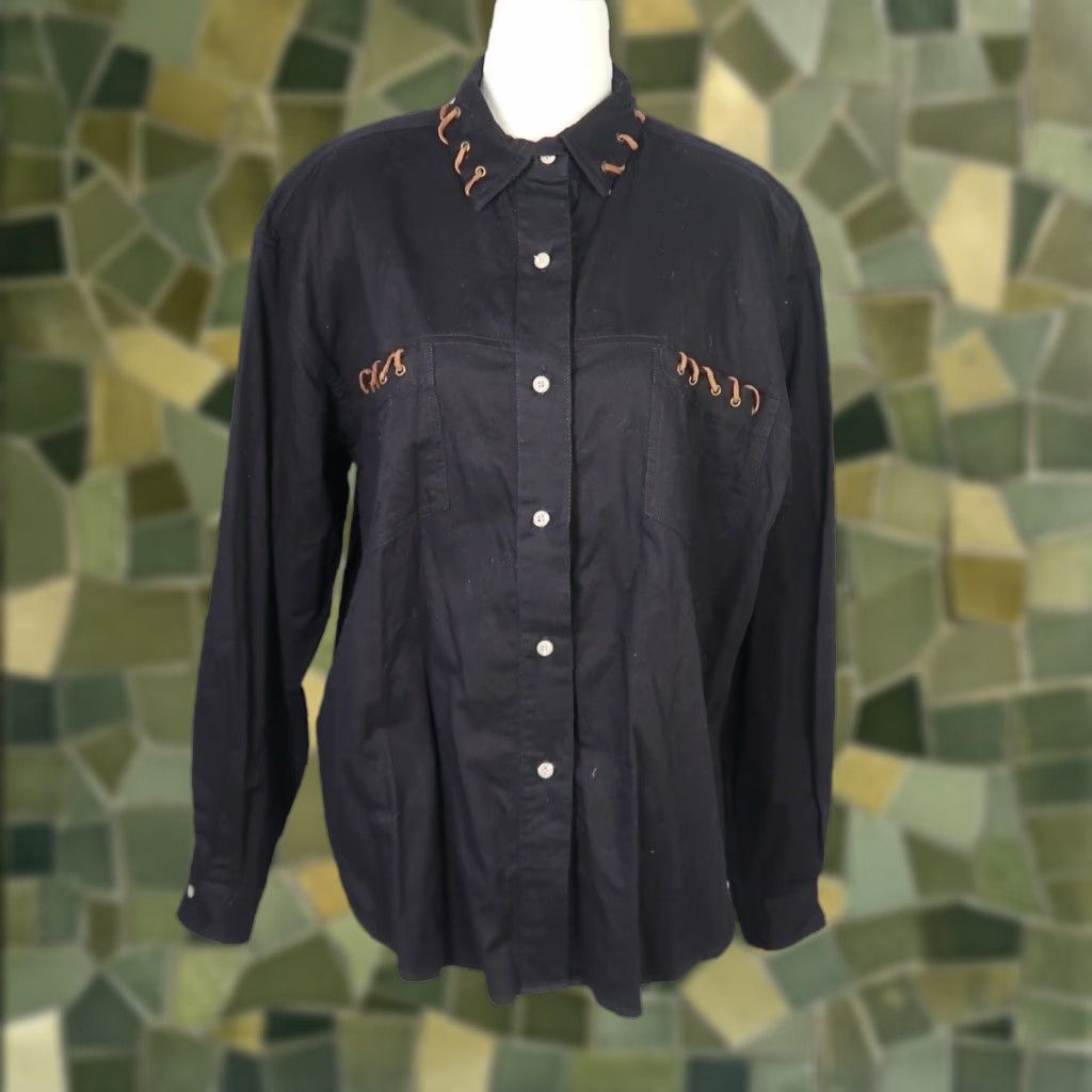 Vintage VINTAGE 90s KZK black western long sleeve button down top with brown suede trim Women L Button-Up Shirt Size L / US 10 / IT 46 - 1 Thumbnail