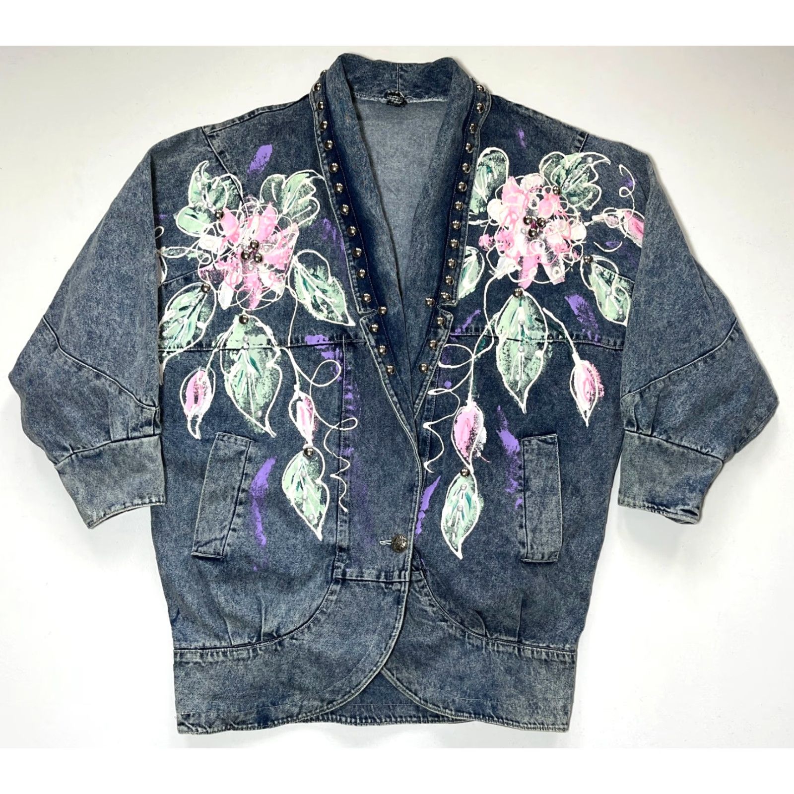 Denime VINTAGE Women's Denim Jacket Americana 80s Floral Blue Size L Jacket Womens 80s Americana Floral Denim Pockets Size L / US 10 / IT 46 - 5 Thumbnail