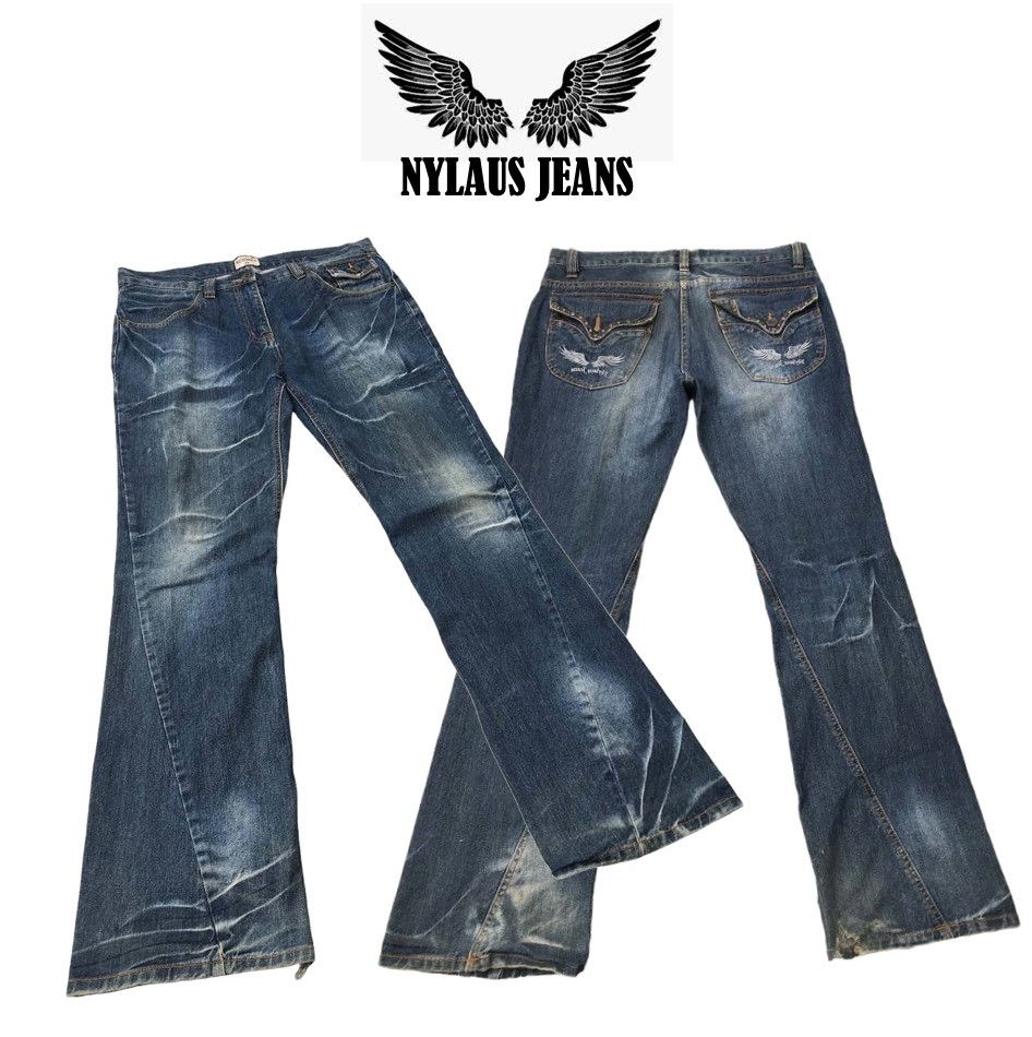 image of Vintage Sick Flared Nylaus Whishkered Faded Embroidery Logo Denim, Men's (Size 34)