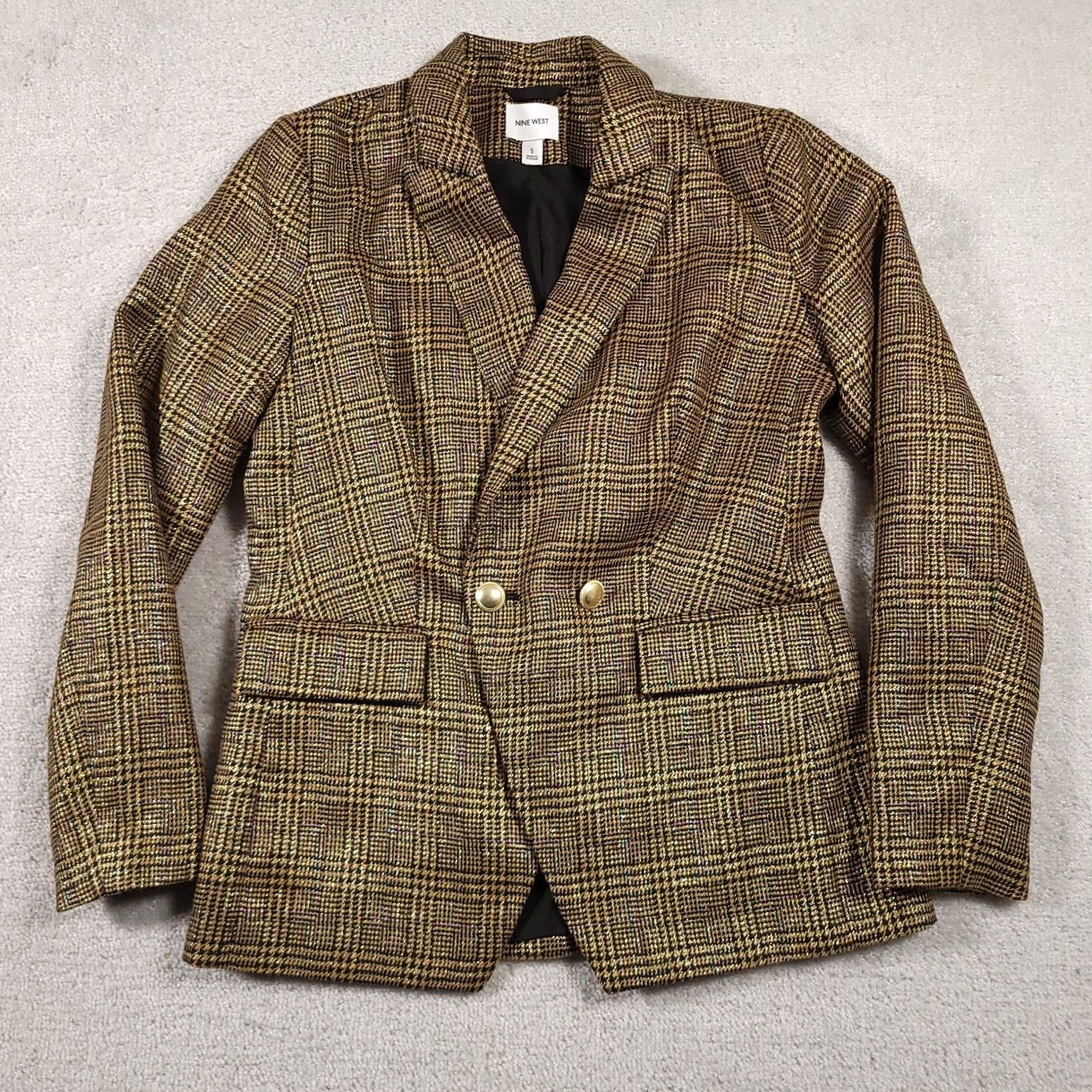 Nine West Nine West Blazer Women's S Gold Shimmer Houndstooth Jacket Coat Lined Size S / US 4 / IT 40 - 2 Thumbnail