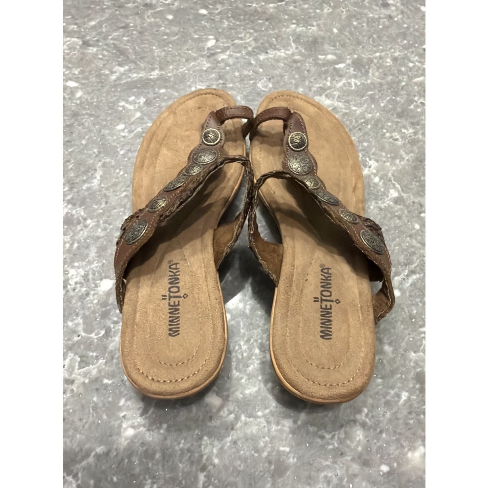 Minnetonka Minnetonka Brown Concho Keystone Whiskey Phyton Snakeskin Wedge Sandal - Slip On, Women, Size 8 Size US 8 / IT 38 - 3 Thumbnail