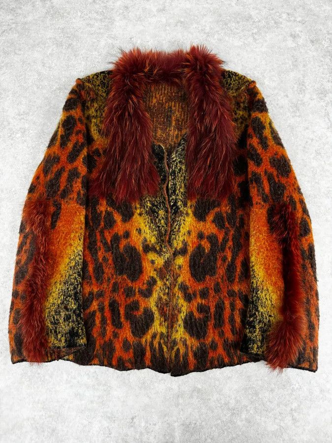 Roberto Cavalli 2000s Roberto Cavalli Vulcano Orange Leopard Fur Collar Mohair & Wool Cardigan Jacket Size M / US 6-8 / IT 42-44 - 1 Thumbnail