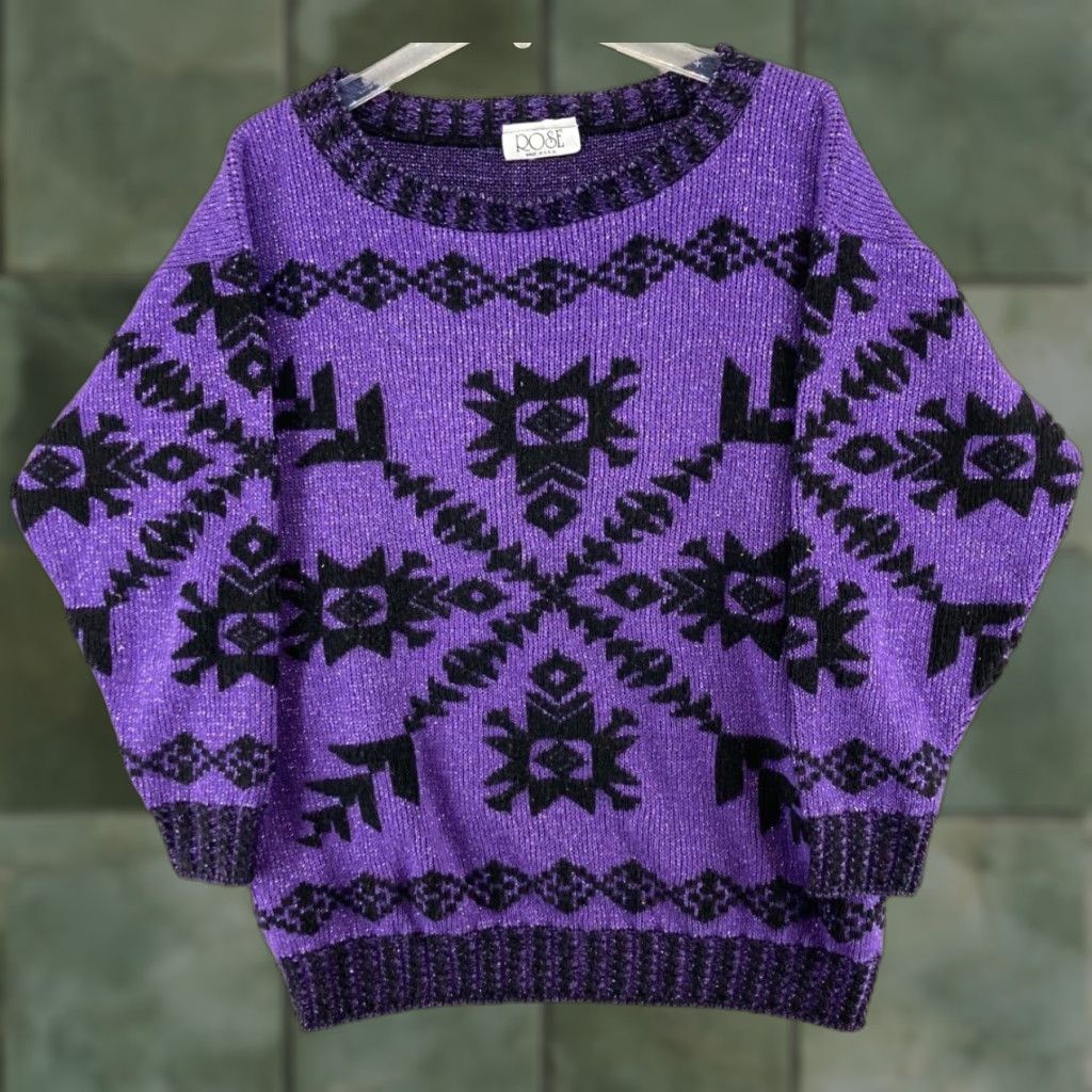 Vintage VINTAGE Rose Sweater Large Purple Geometric Knit Long Sleeve Boat Neck 80s 90s Womens Size L / US 10 / IT 46 - 1 Thumbnail