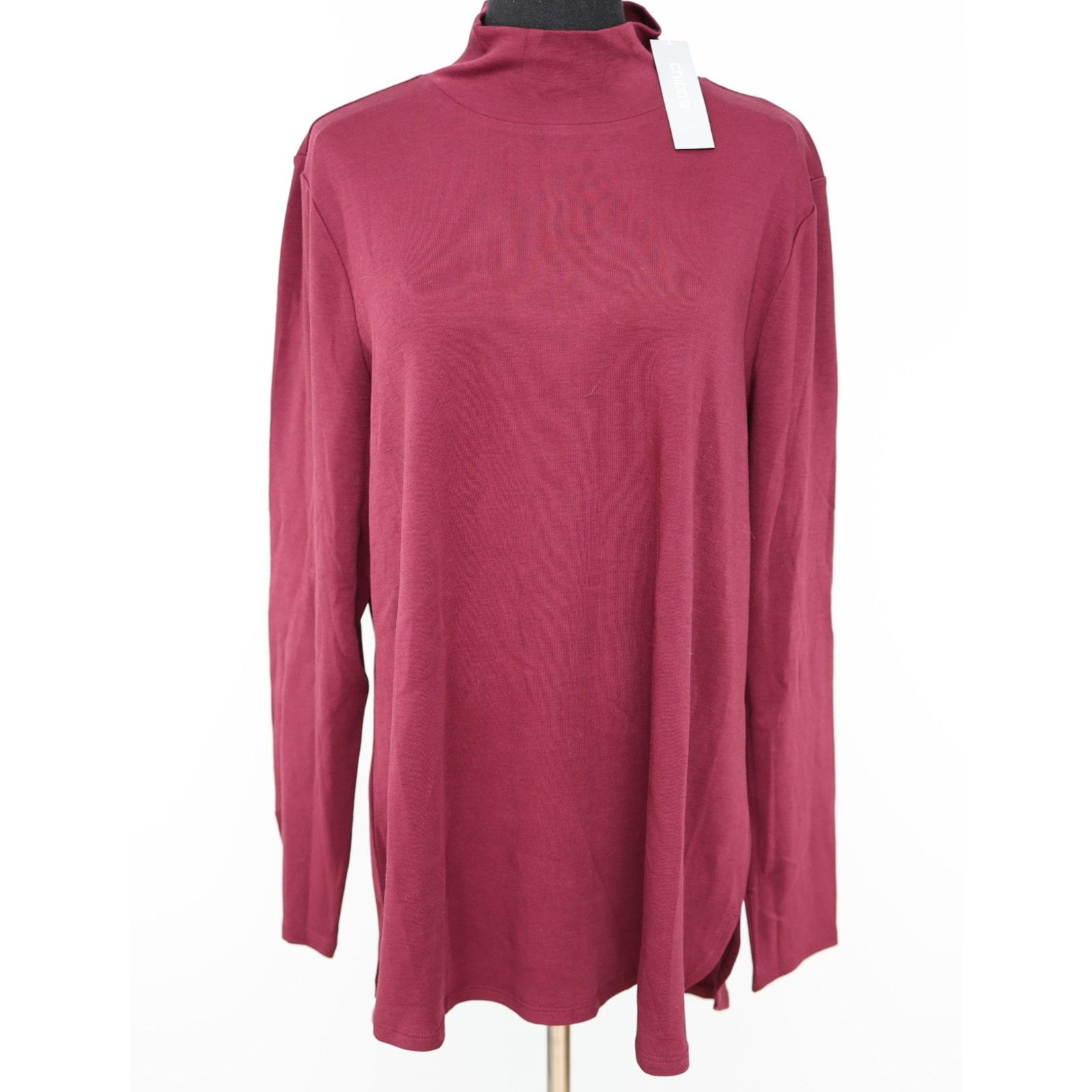 Chicos NWT CHICO'S Cotton Back Zip Stretch Wine Mock Neck Top Sz 2 Size L / US 10 / IT 46 - 2 Thumbnail