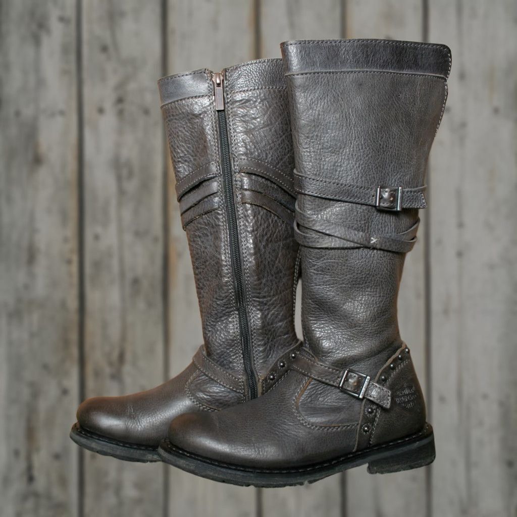 Harley Davidson HARLEY-DAVIDSON Cyndie Slate Gray Leather Knee High Buckle Strap Boots 6.5 M Womens Shoe Shaft Style Knee High Boot Size US 7 / IT 37 - 1 Thumbnail