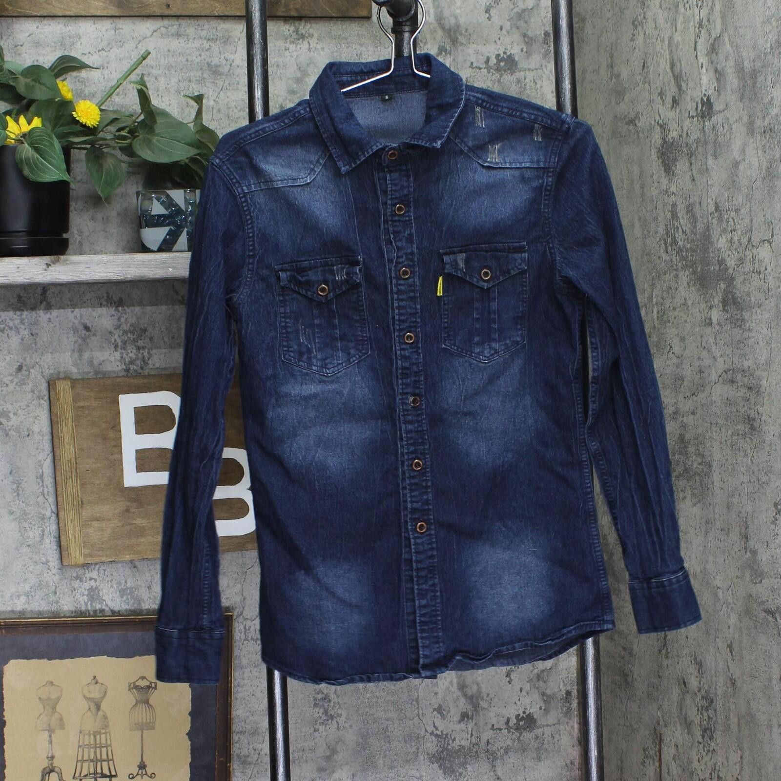 Other Aiopeson Long Distressed Denim Button Up Shirt Dark Blue S Size US S / EU 44-46 / 1 - 1 Thumbnail