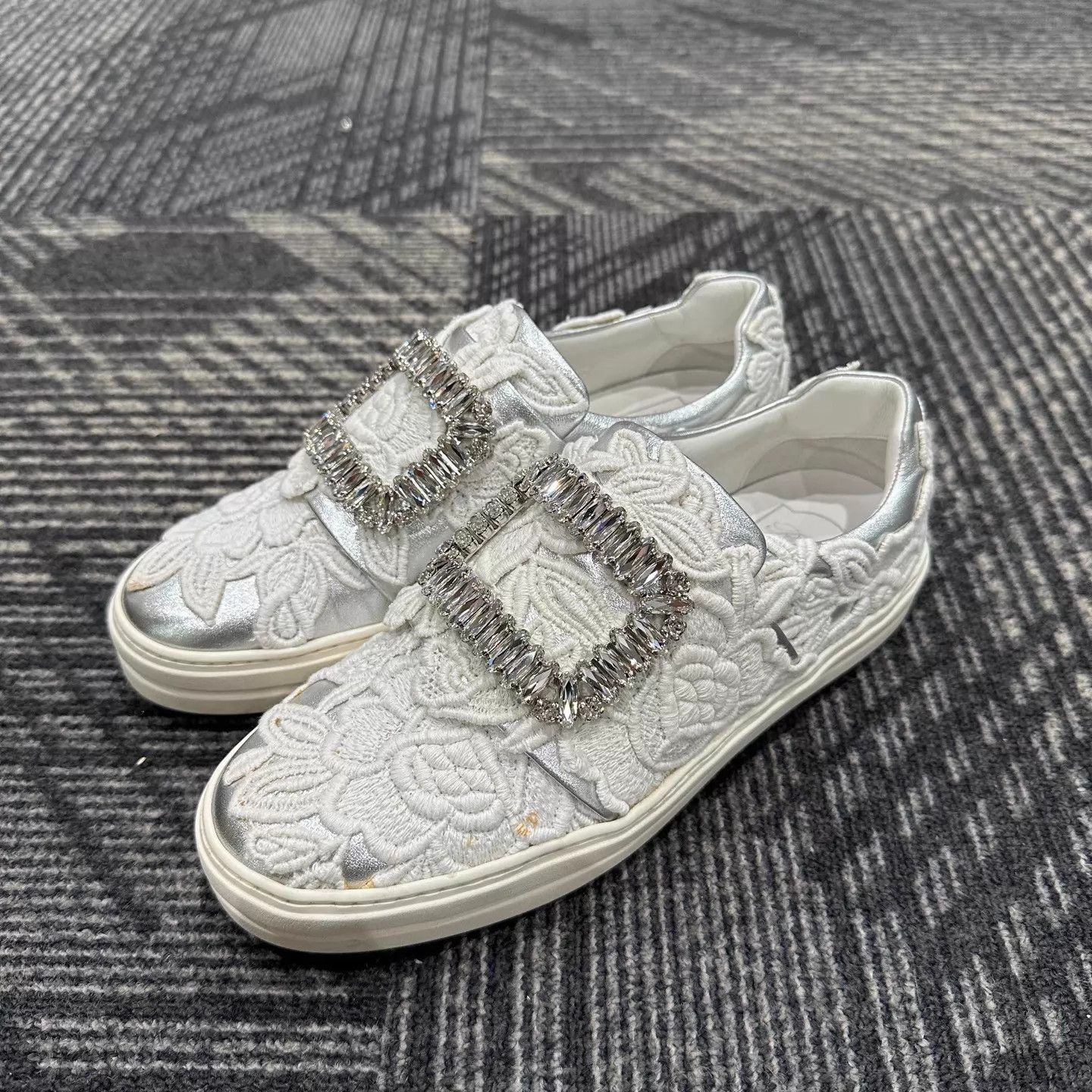 Roberto Cavalli Roger Vivier White Square Crystal Lace Sneaker 37 99 New Size US 6.5 / IT 36.5 - 1 Thumbnail