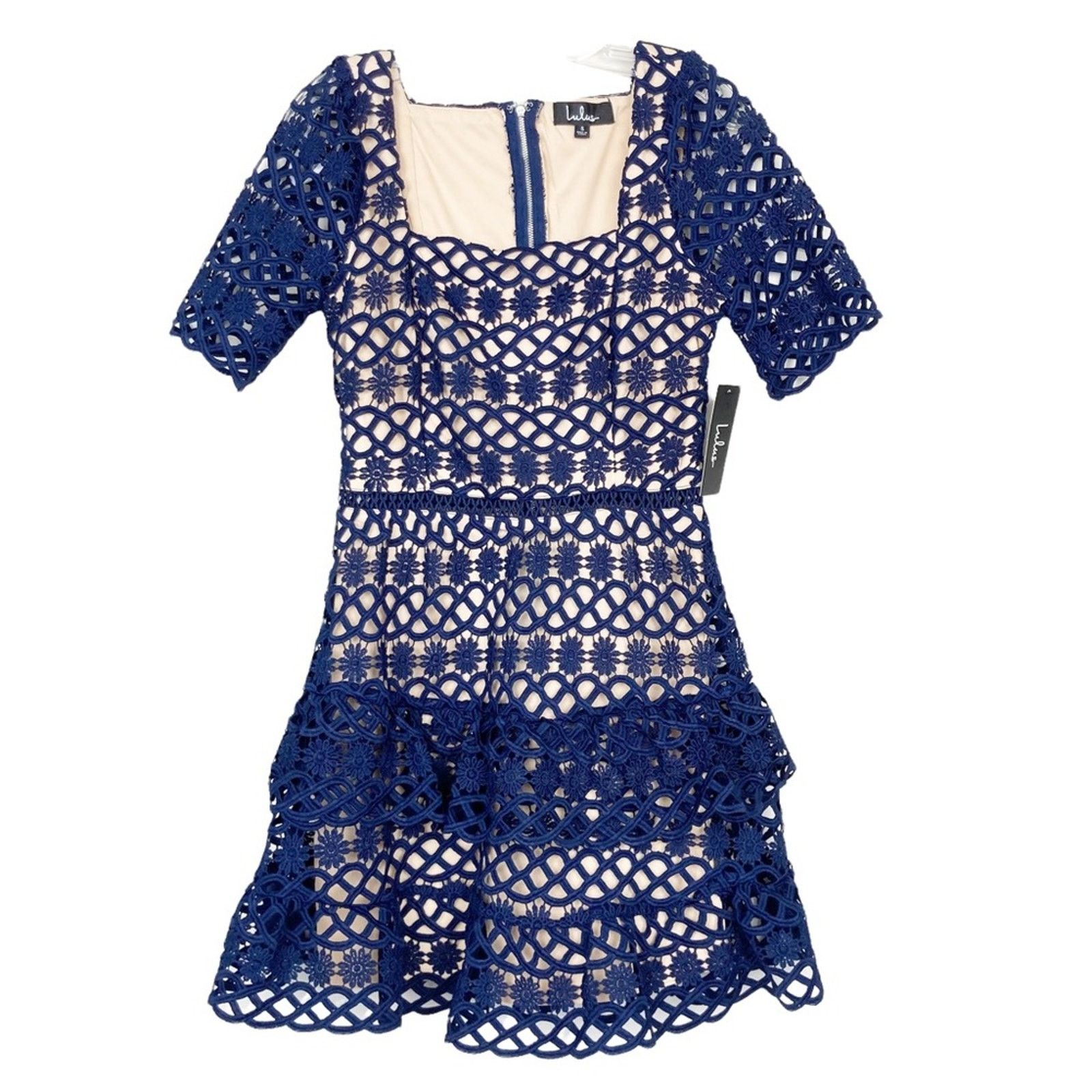 Other Lulu's Navy Blue Crochet Overlay Ruffle Hem Dress Sz S Size S / US 4 / IT 40 - 1 Thumbnail
