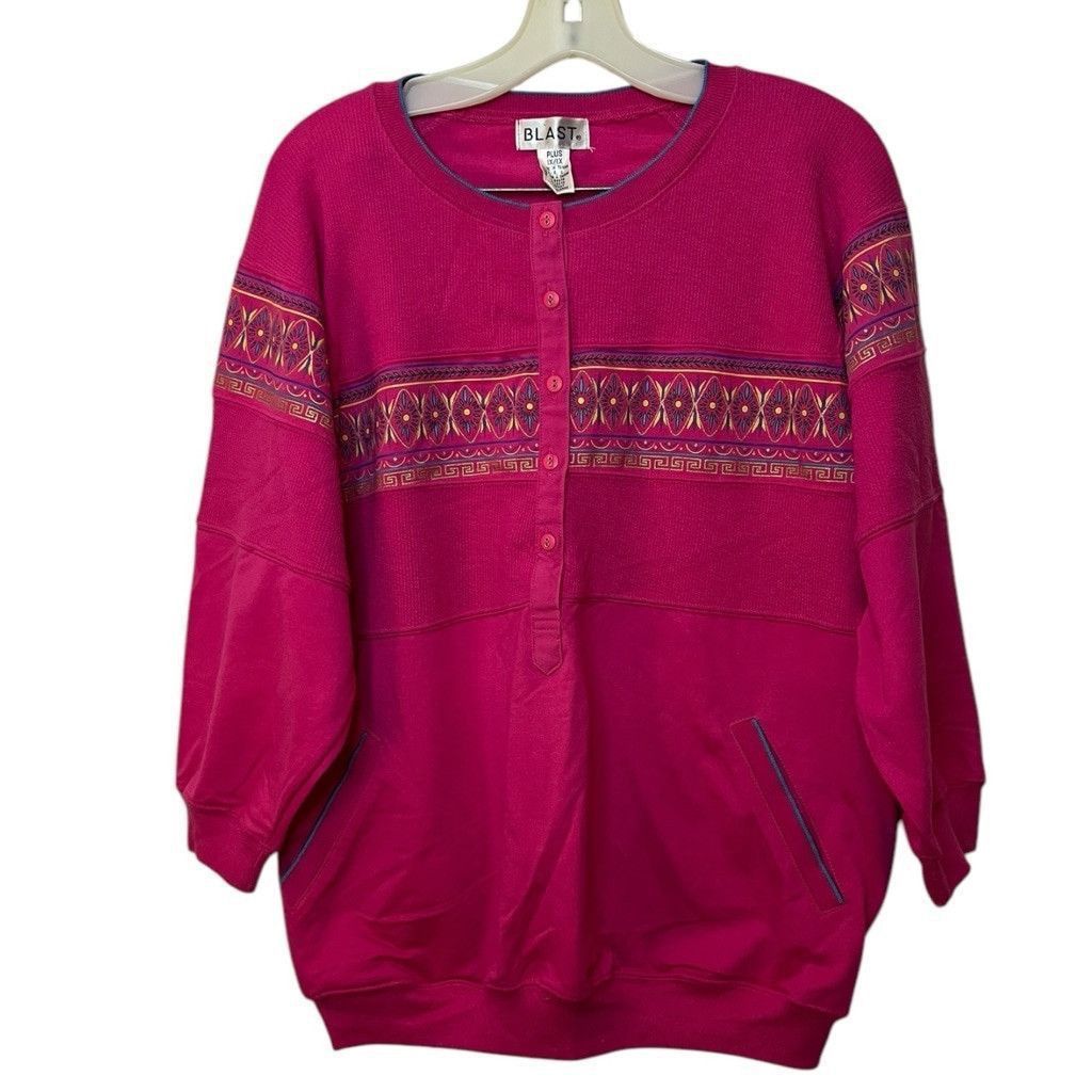 Vintage 90s Blast 3/4 Sleeve Henley Light Sweater Top Blouse XL 1X Size XL / US 12-14 / IT 48-50 - 2 Thumbnail