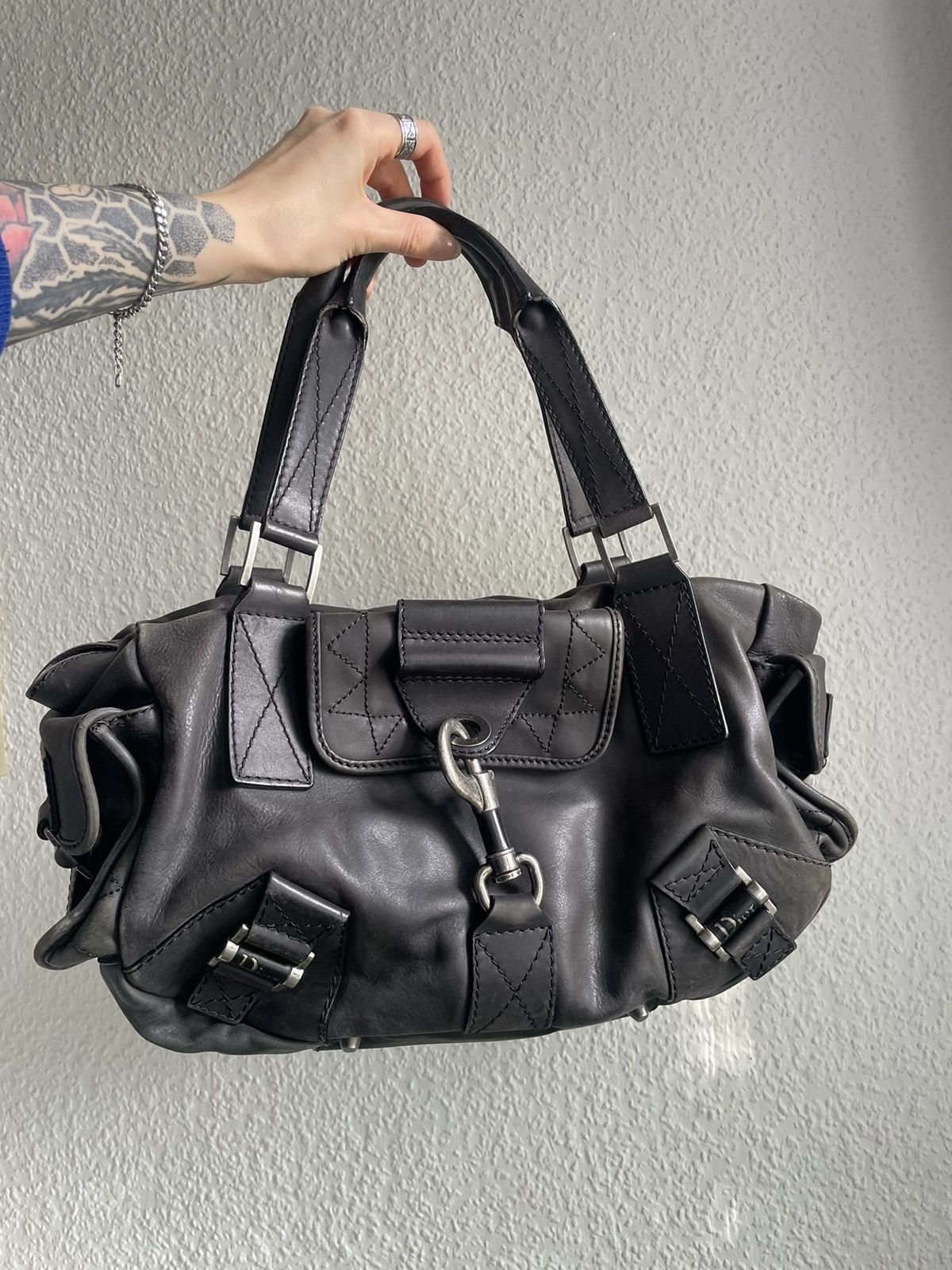 image of Vintage Leather Dior Shoulder Bag With Silver Details in Black, Women's