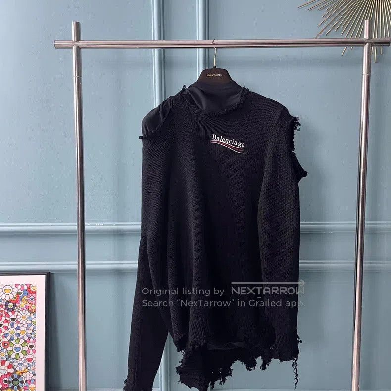 Balenciaga Balenciaga Black destroyed embroidery Coke knit hoodie Size US S / EU 44-46 / 1 - 1 Thumbnail
