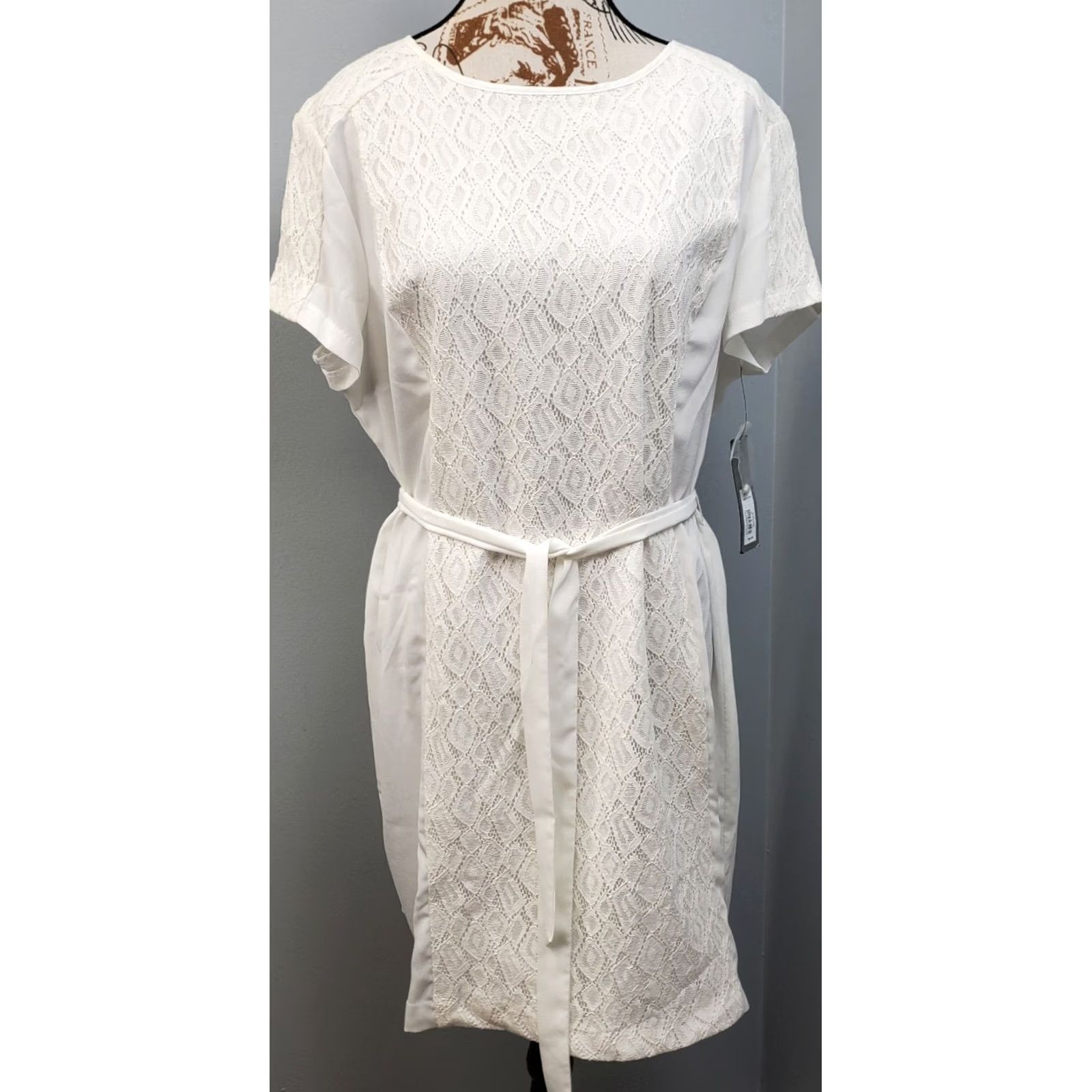 Apt. 9 Apt.9 White Lace Panel Sheath Dress Womens XL Short Sleeve Round Neck Belted Size 40" / US 18 - 2 Thumbnail