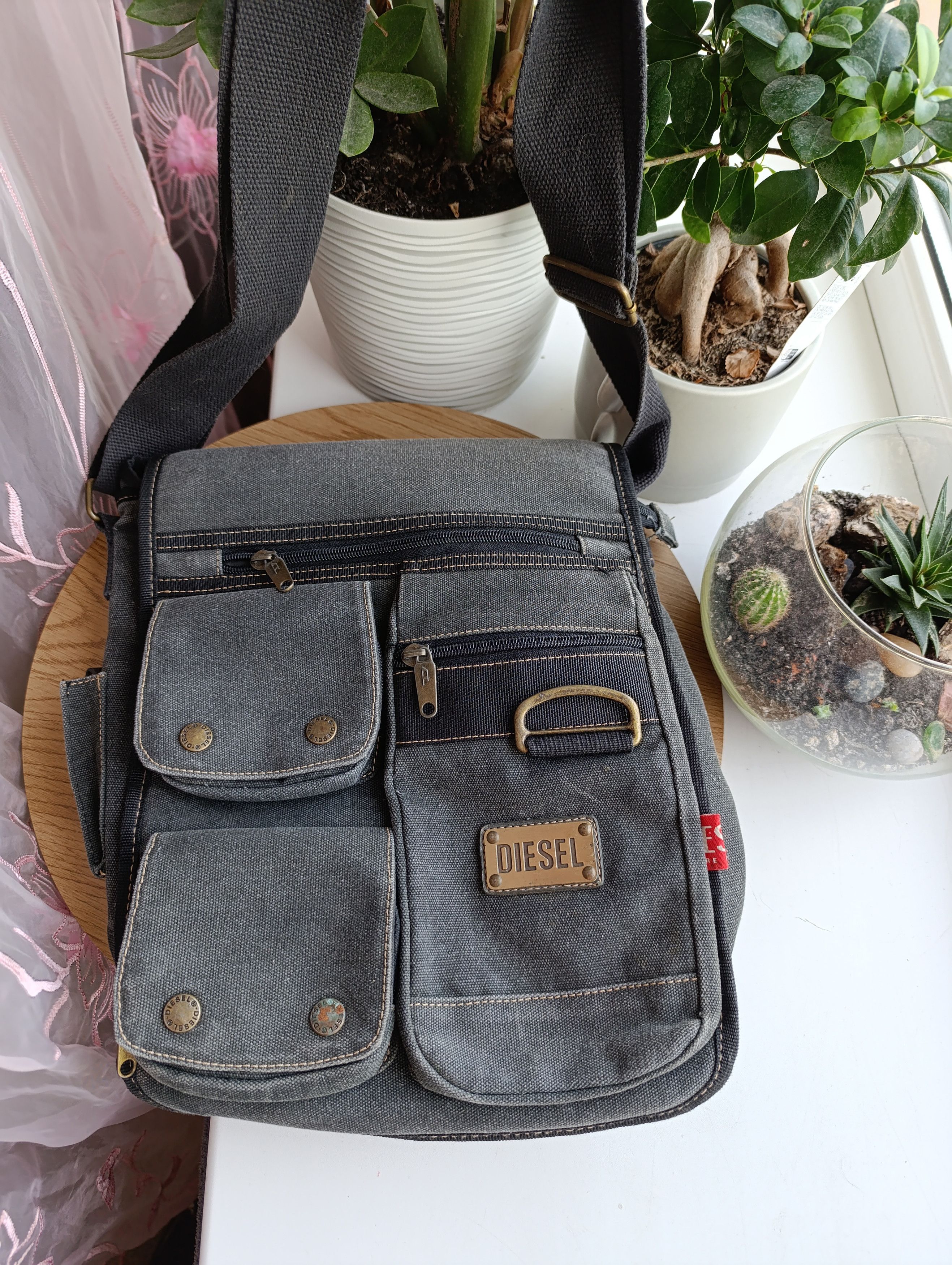 Diesel Vintage Multi Pocket Messenger Bag in Grey, Men's