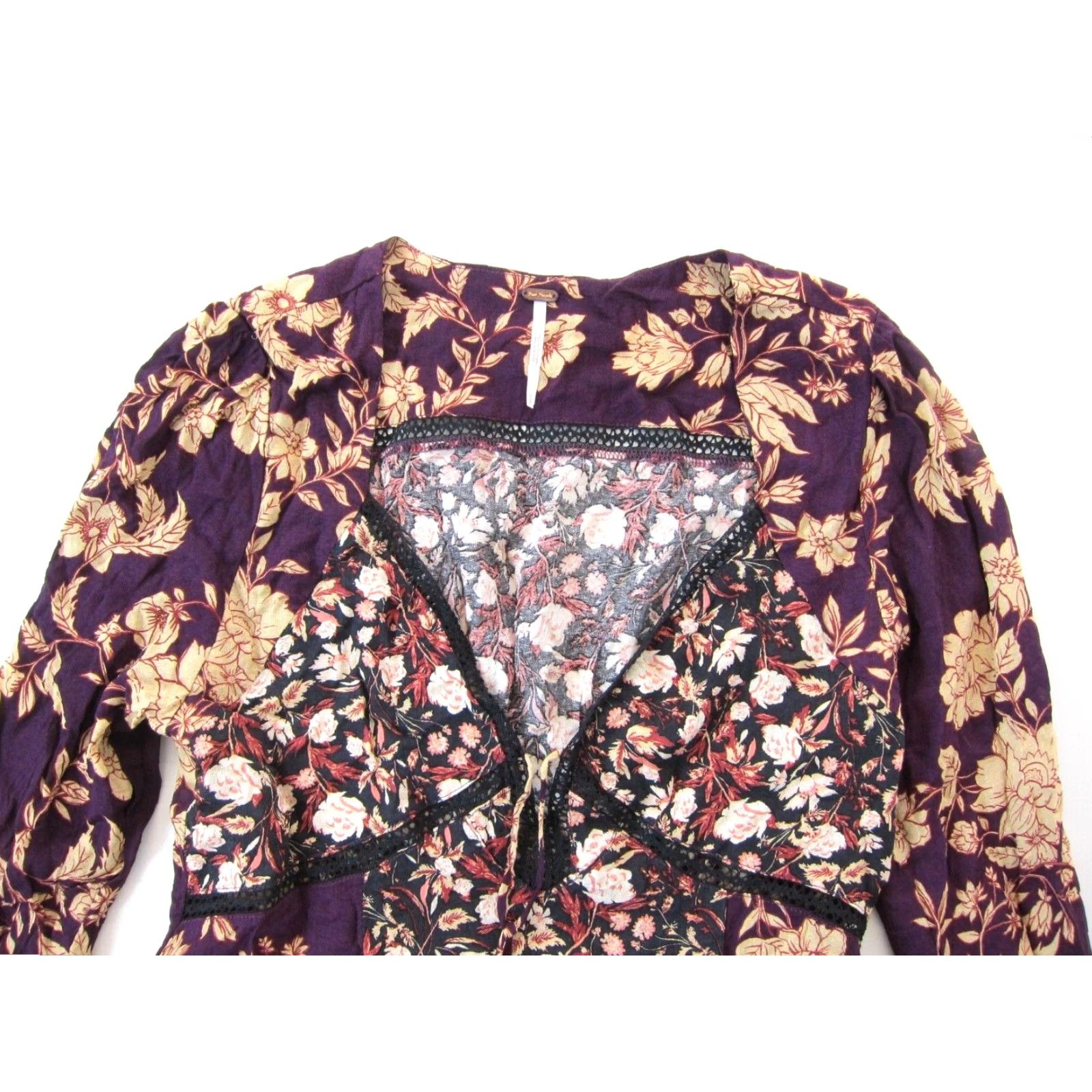 Free People Free People Dress Pink Black Floral V-Neck Long Sleeve Tunic Smock 100% Rayon S Size S / US 4 / IT 40 - 3 Thumbnail