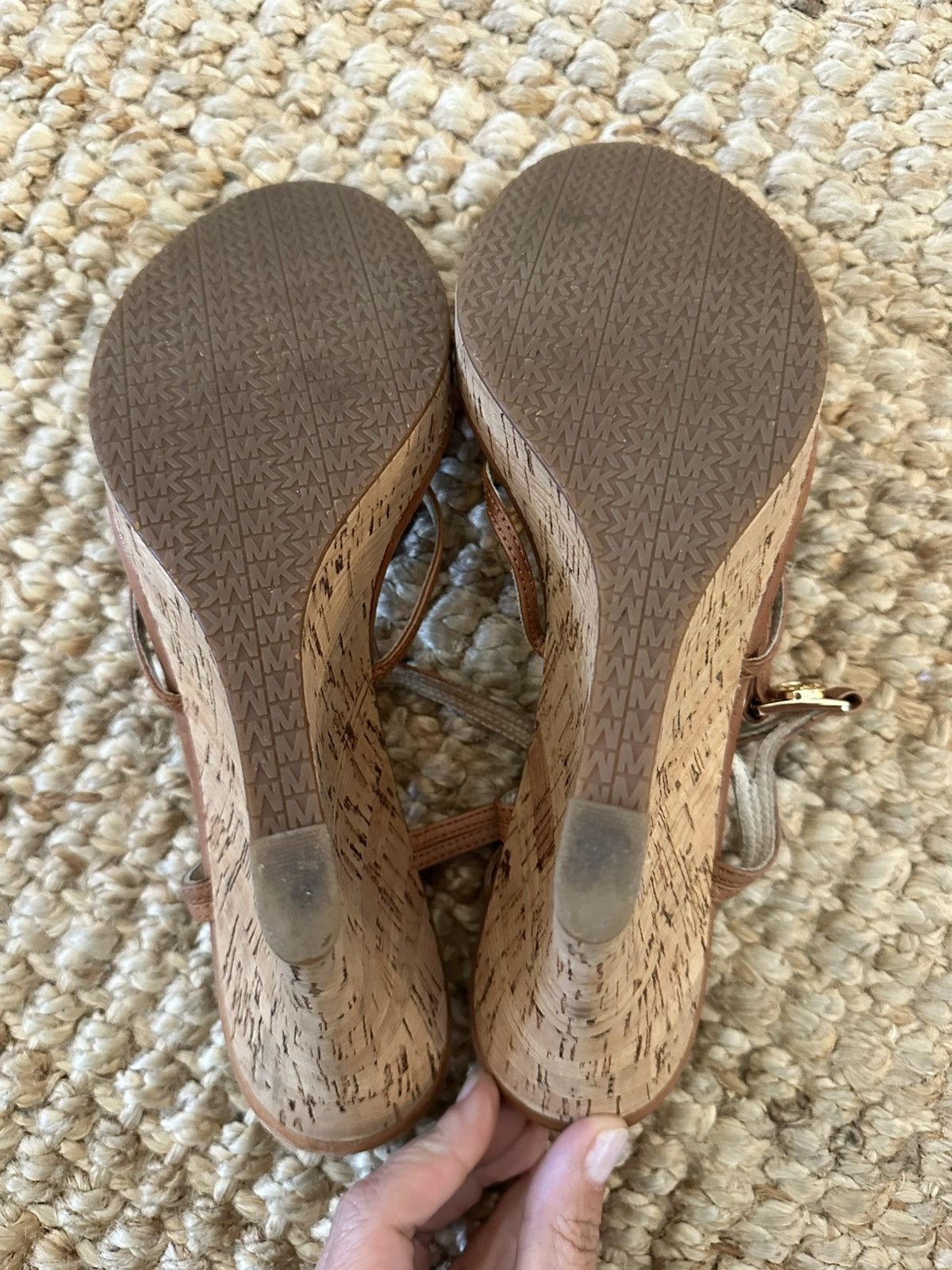 Michael Kors MICHAEL KORS CICELY GOLD MK CHARM TAN STRAPPY CORK WEDGES Size US 9.5 / IT 39.5 - 6 Thumbnail