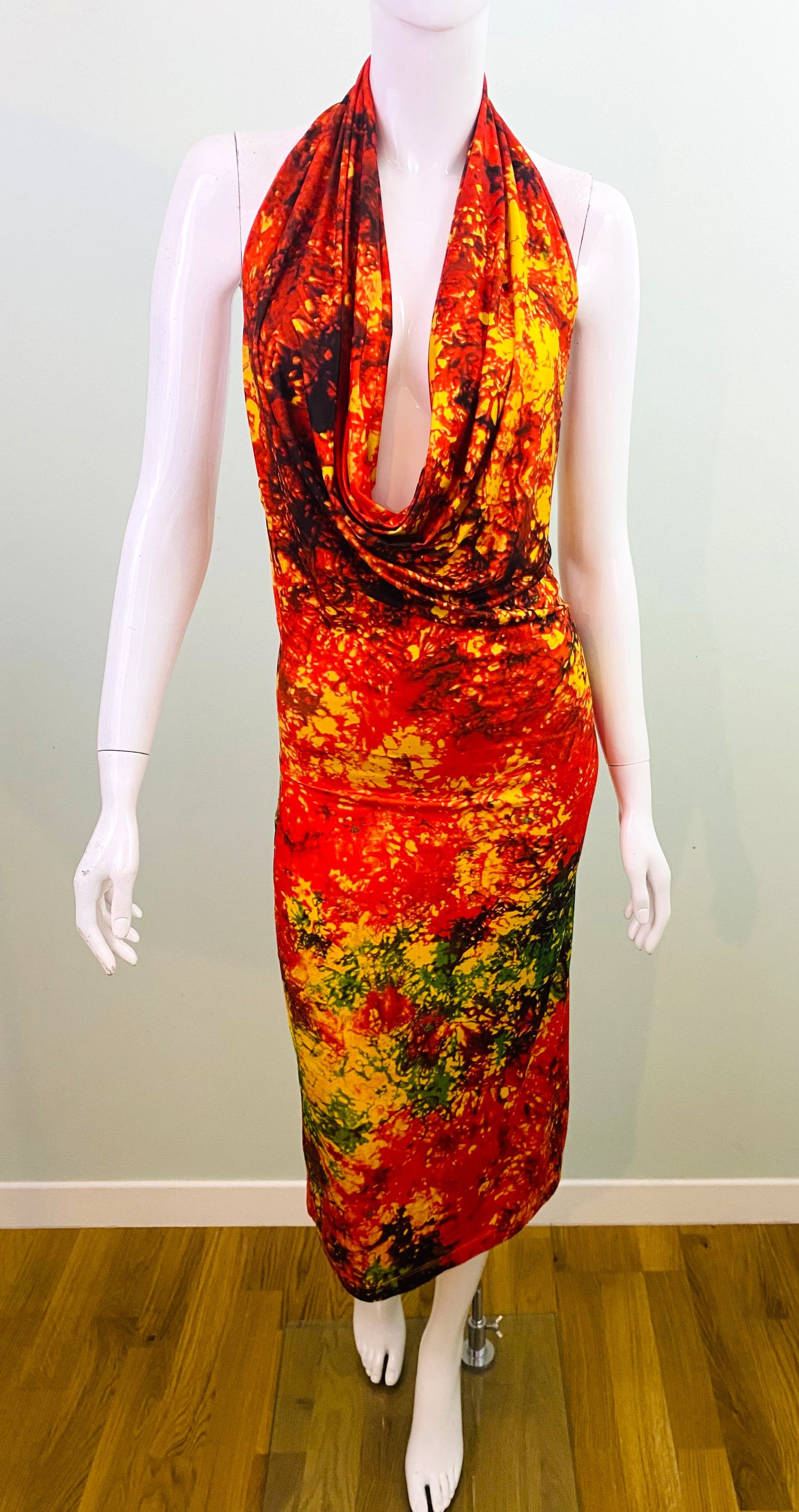 Plein Sud Mock Neck Deep V Cut Out Lava Tie Dye Dress
