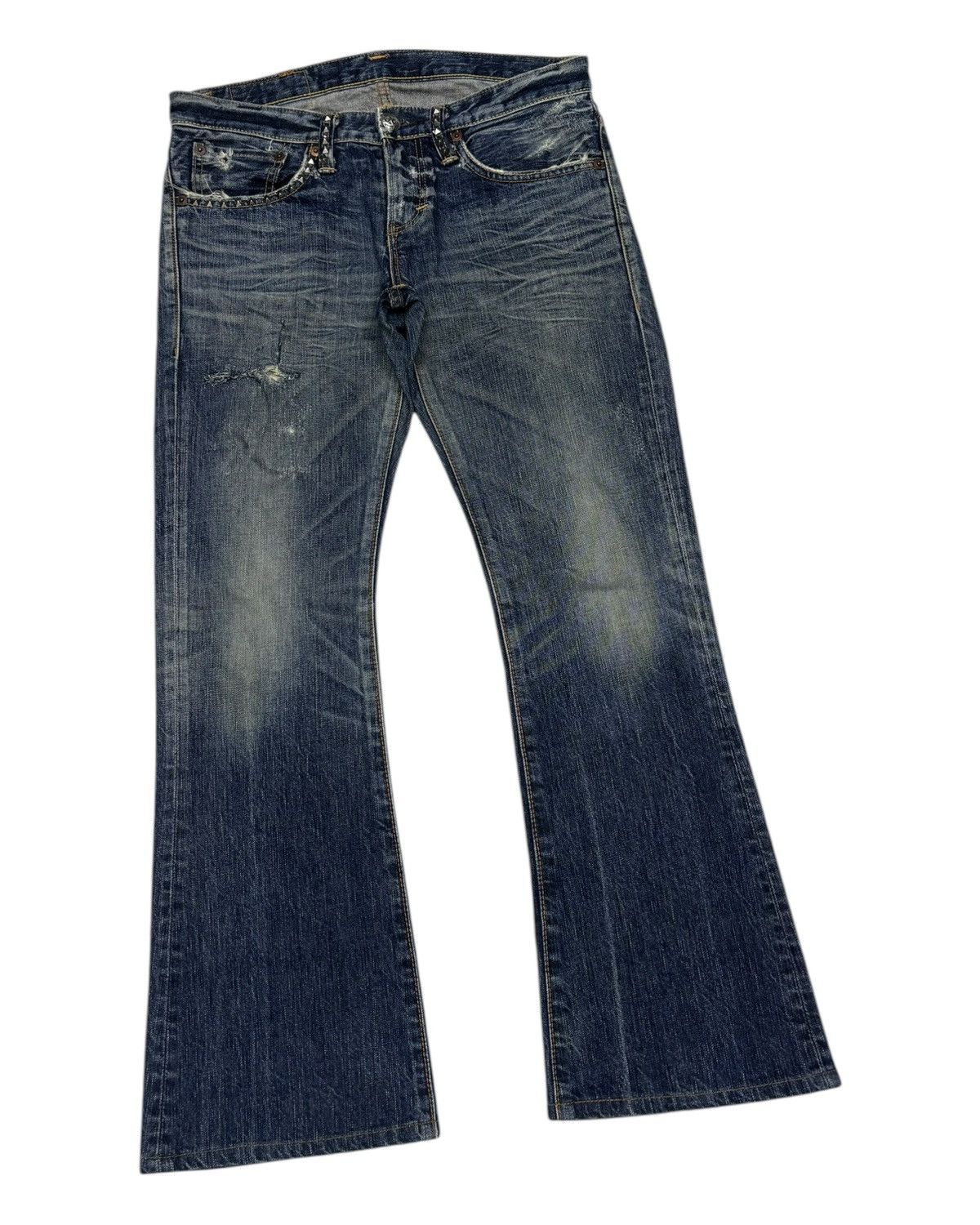 Who Decides War 🔥Edwin 503 Pierced & Studs Flared Jeans Low Rise Size US 32 / EU 48 - 3 Thumbnail