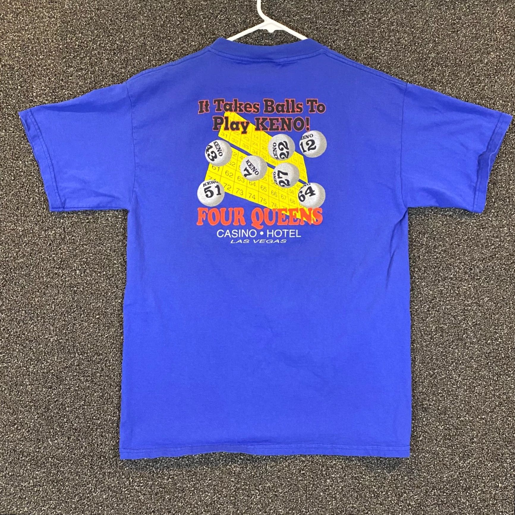 Tultex VINTAGE Four Queens Hotel Casino Shirt Men L Blue "Balls to Play Keno" Vegas Mens Large Cotton Tee 90s Logo Holiday? Size US L / EU 52-54 / 3 - 7 Thumbnail