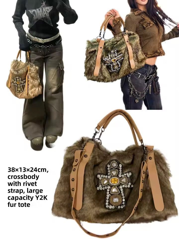 Other Y2K Fur Rhinestone Cross Chain Tote Bag Size ONE SIZE - 3 Thumbnail