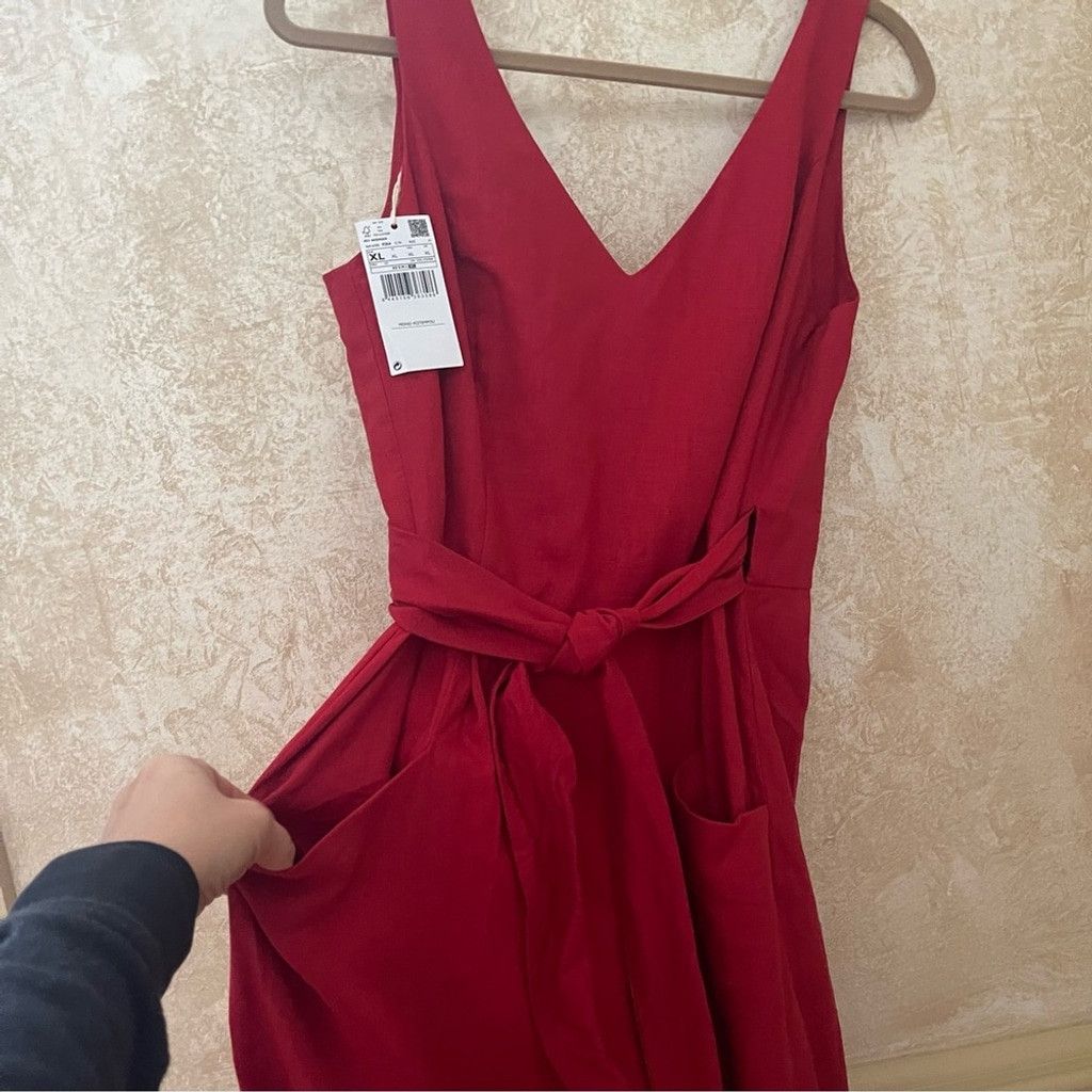 MNG Mango Linen Wrap Jumpsuit Red Wide Leg V Neck Sz XL